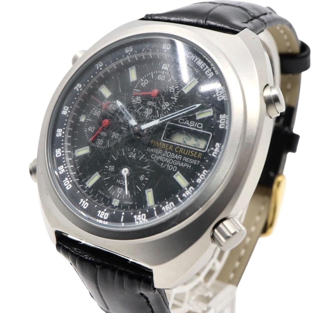 【稼働品】カシオ ティンバークルーザー TIC-100 腕時計 メンズ アナデジ クロノグラフ 20気圧防水 クオーツ ステンレス レザーベルト ブラック 黒文字盤 シルバー ヴィンテージ 希少 レトロ アウトドア G9