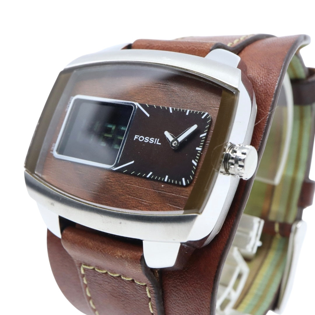 【美品/稼働品】フォッシル 腕時計 JR-9633 アナデジ ウッド調文字盤 カフレザー ワイドベルト ブラウン シルバー メンズ クオーツ ヴィンテージ レトロ 個性的 デザインウォッチ ストリート カジュアル G9
