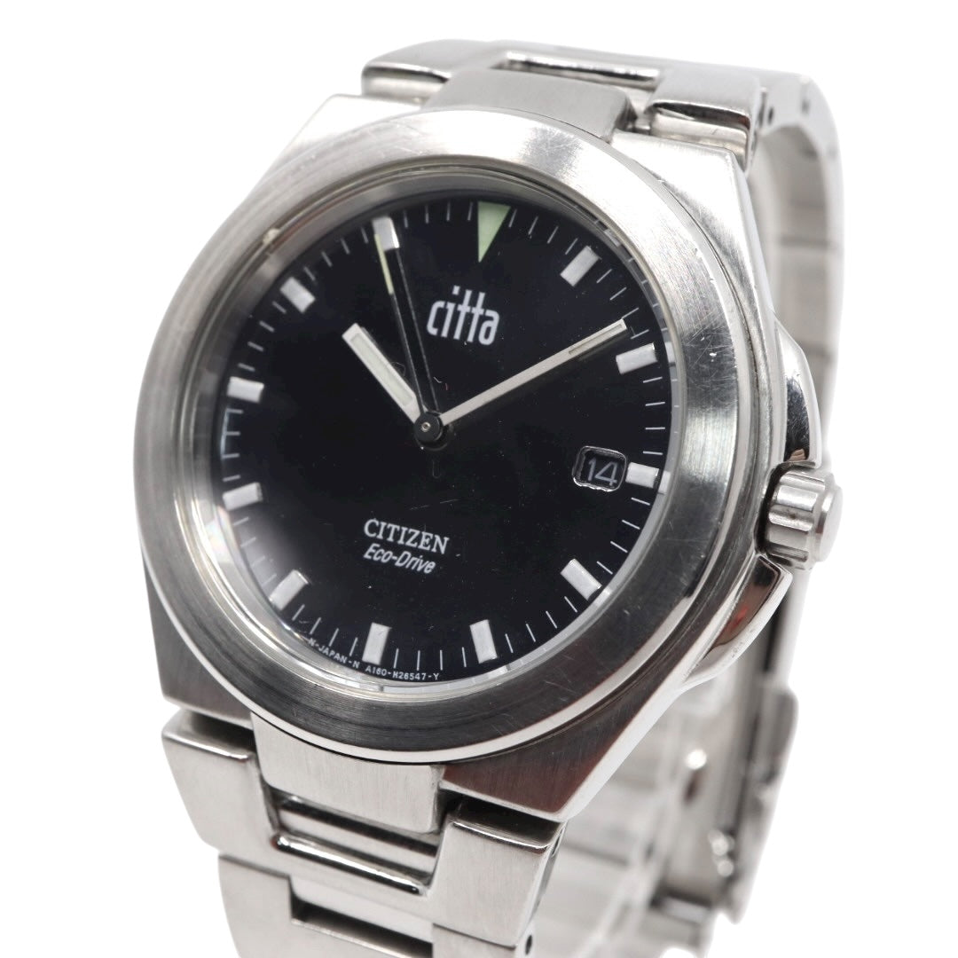 【美品/稼働品】シチズン チッタ Citta エコドライブ 腕時計 A160-H15696 メンズ ソーラー デイト ブラック文字盤 シルバー ステンレス ビジネス カジュアル シンプル ファッション ウォッチ G10 citizen