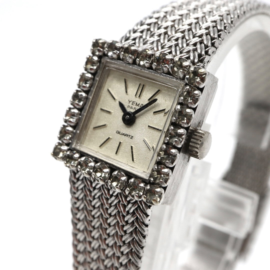 【美品/電池交換済】イエマ YEMA 腕時計 P7307 レディース スクエア ラインストーンベゼル クオーツ シルバー メッシュベルト ブレスレット ジュエリーウォッチ ドレスウォッチ アンティーク ビンテージ クラシック エレガント G10