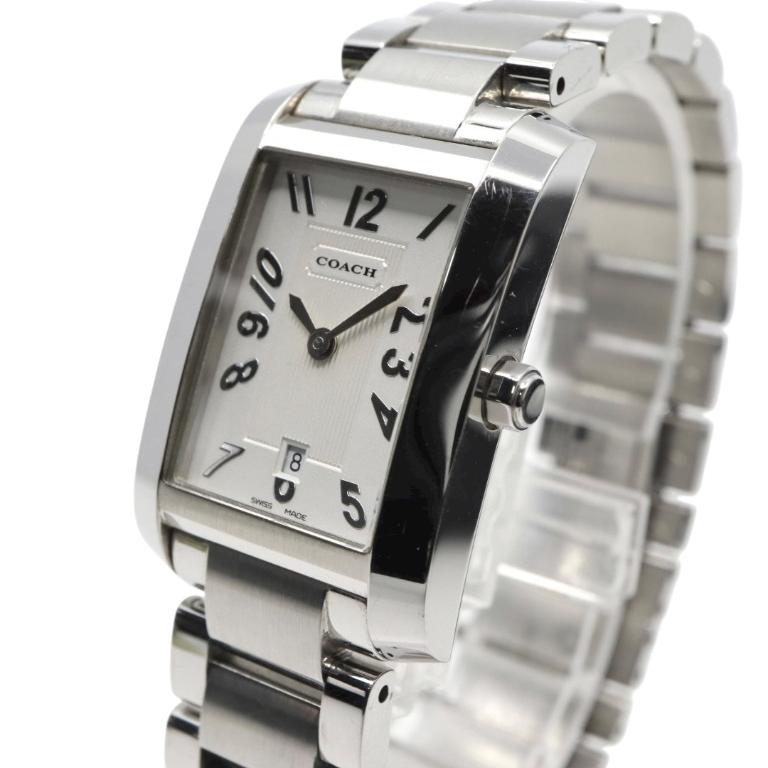 【美品】コーチ COACH 腕時計 レディース レクタンギュラー 0243 スクエア シルバー 白文字盤 ステンレス クォーツ 3針 デイト ビジネス フォーマル オフィス 通勤 クラシック 上品 洗練 スイス製 角型 G10