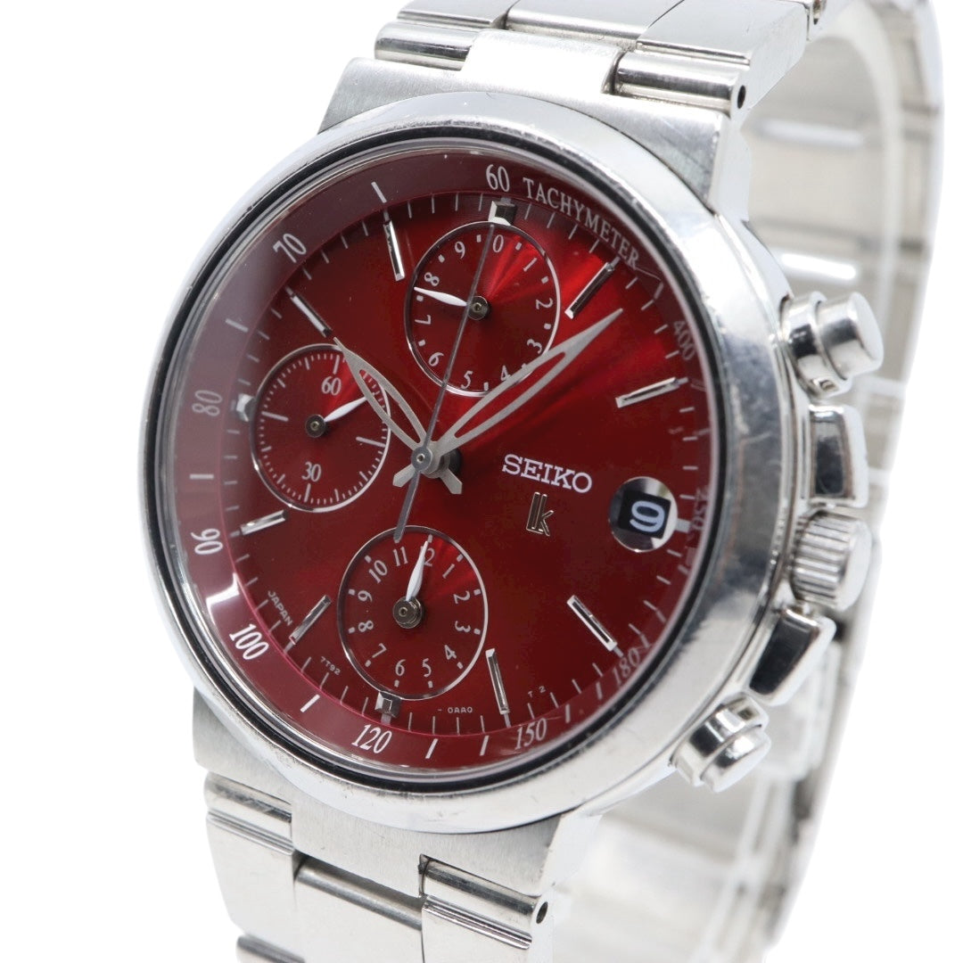 【美品/電池交換済】SEIKO セイコー ルキア 7T92-0AA0 クロノグラフ 腕時計 レディース クオーツ 10気圧防水 ステンレス レッド 赤文字盤 シルバー デイト タキメーター 日本製 ビジネス カジュアル エレガント G10 lukia