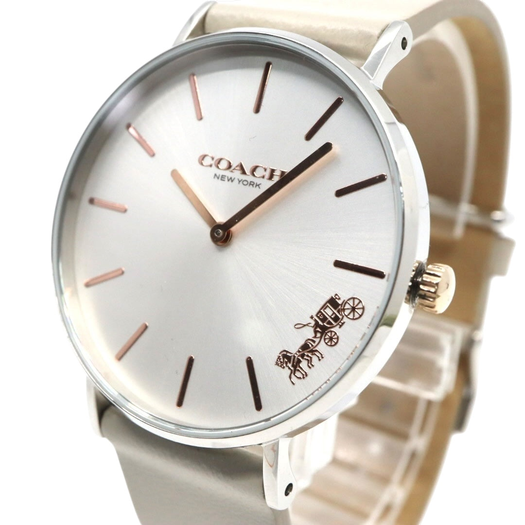 【未使用級】コーチ COACH 腕時計 レディース ペリー Perry シルバー グレージュ レザー CA.120.7.1594 クォーツ アナログ 2針 シンプル オフィス ビジネス 通勤 通学 エレガント 上品 クラシック 大人 馬車ロゴ 美品 G11