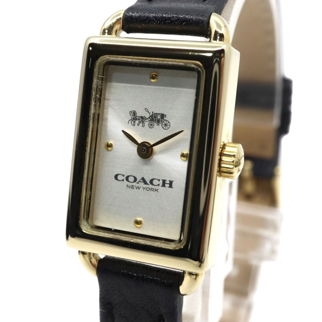 【美品】コーチ COACH 腕時計 レディース Cadie キャディ ゴールド シルバー ブラック レザー レクタンギュラー スクエア CA.144.7.34.3634 クォーツ アナログ 2針 シンプル クラシック エレガント 上品 アールデコ調 G11