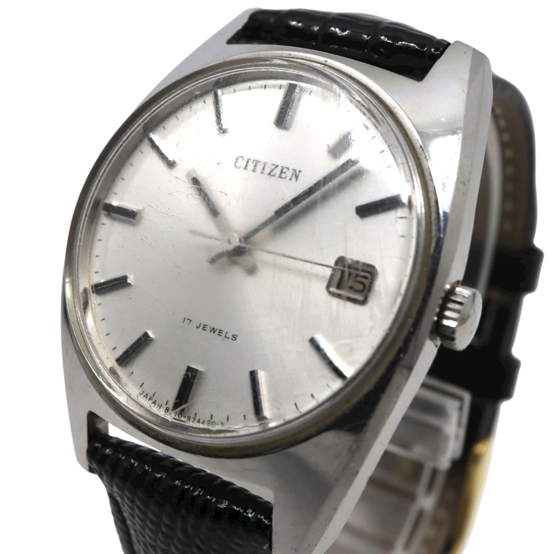 【美品】CITIZEN 手巻き 17JEWELS ヴィンテージ デイト付き メンズ 腕時計 シルバー文字盤 クラシックデザイン シチズン G11