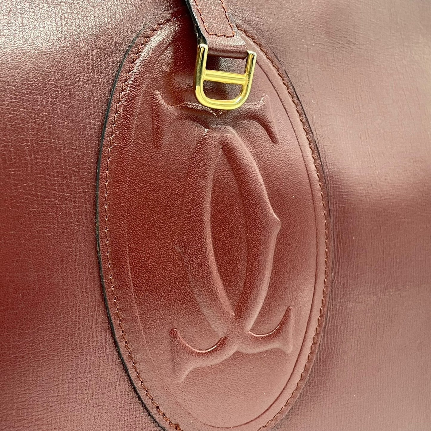 Authentic Cartier Must Line Shoulder Bag Crossbody Burgundy Wine Red Gold Hardware Leather Vintage Women's