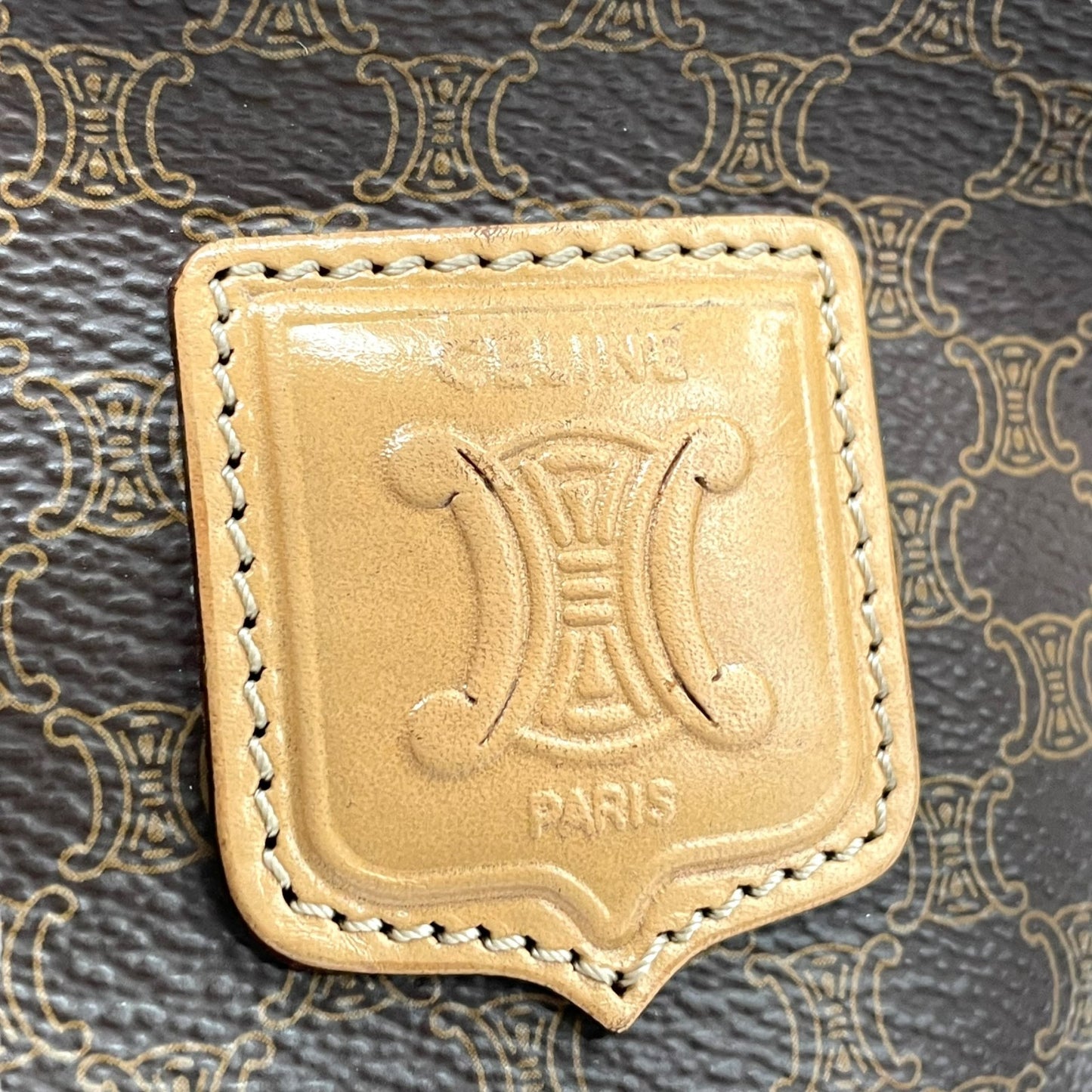 Authentic CELINE Trionf Monogram 2WAY Handbag Mini Boston Bag Shoulder Bag Leather Brown Gold Hardware Zipper Crossbody Women's