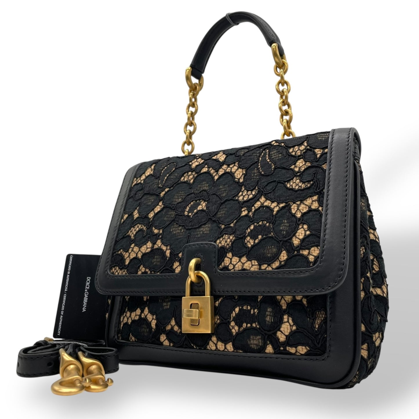 極美品 DOLCE&GABBANA ドルチェ＆ガッバーナ ドルガバ Miss Dolce 2WAY ハンドバッグ ショルダーバッグ レース レザー ベージュ ブラック 黒 レディース D&G ゴールド金具 パドロック 斜め掛け可 内側レオパード C