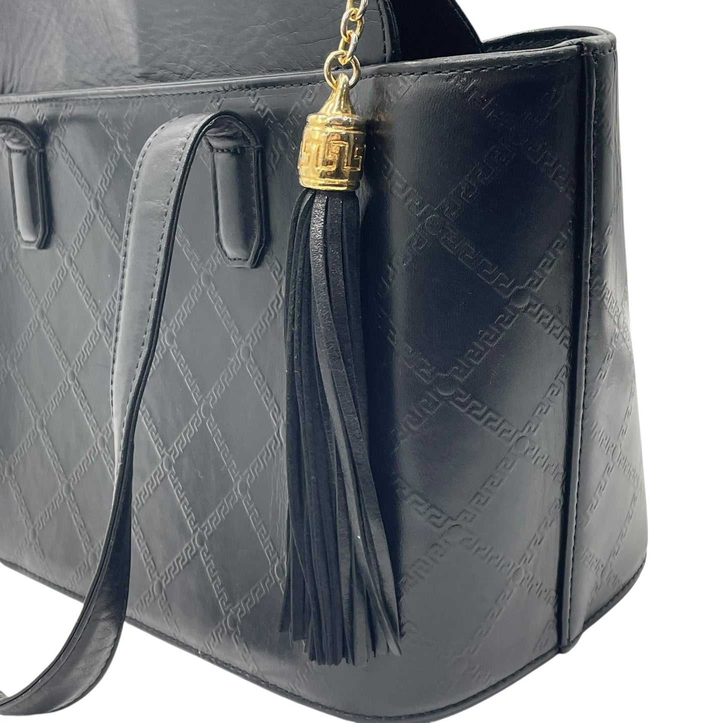 Authentic GIANNI VERSACE Vintage Mini Handbag Tote Black Leather Gold Hardware Fringe Tassel Women