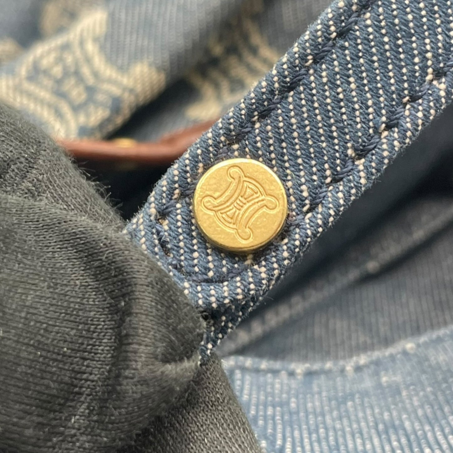 Authentic CELINE Pari Macadam Triomphe Denim Leather Handbag Brown Hardware