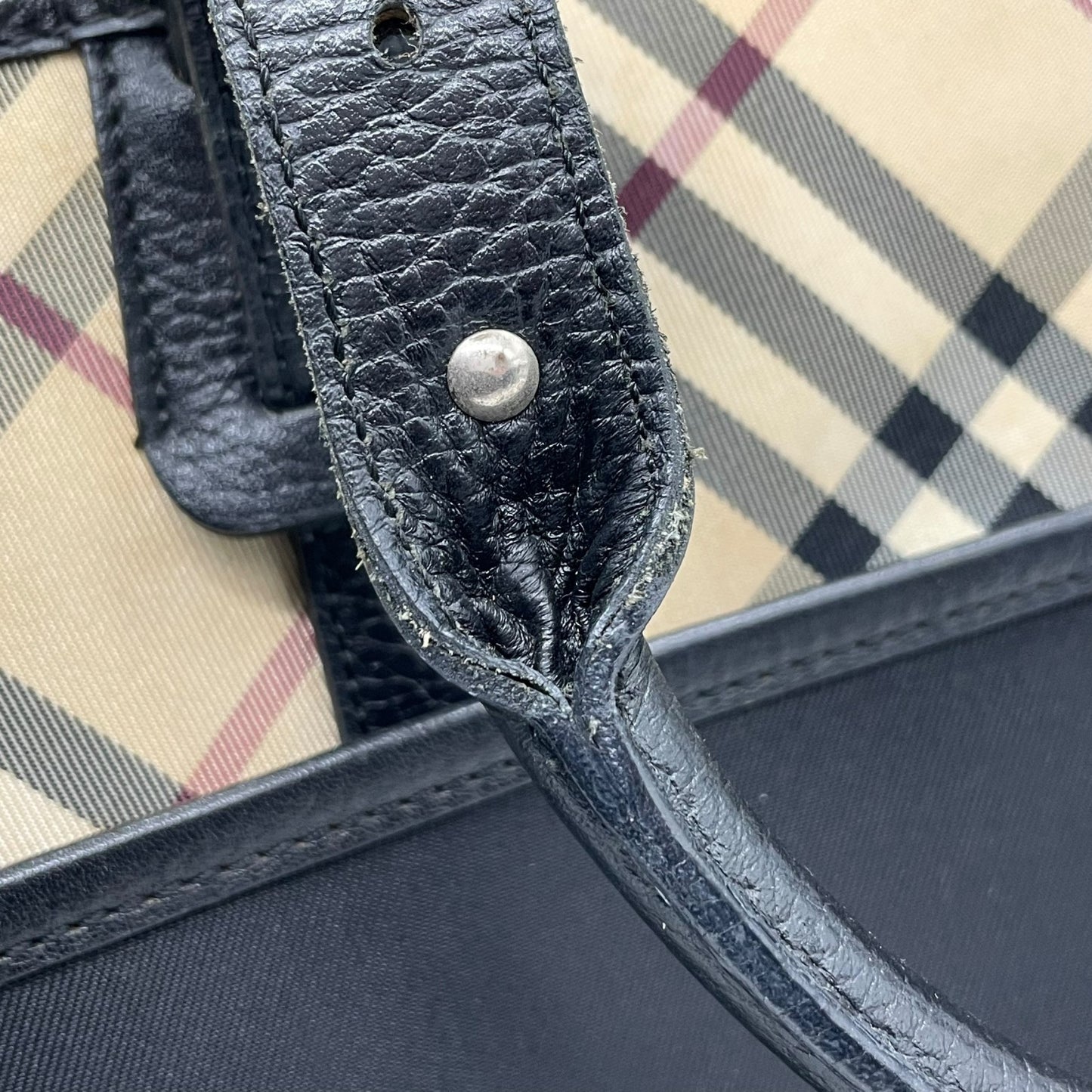 Authentic BURBERRY Check Nylon Leather Tote Bag Black A4 Size