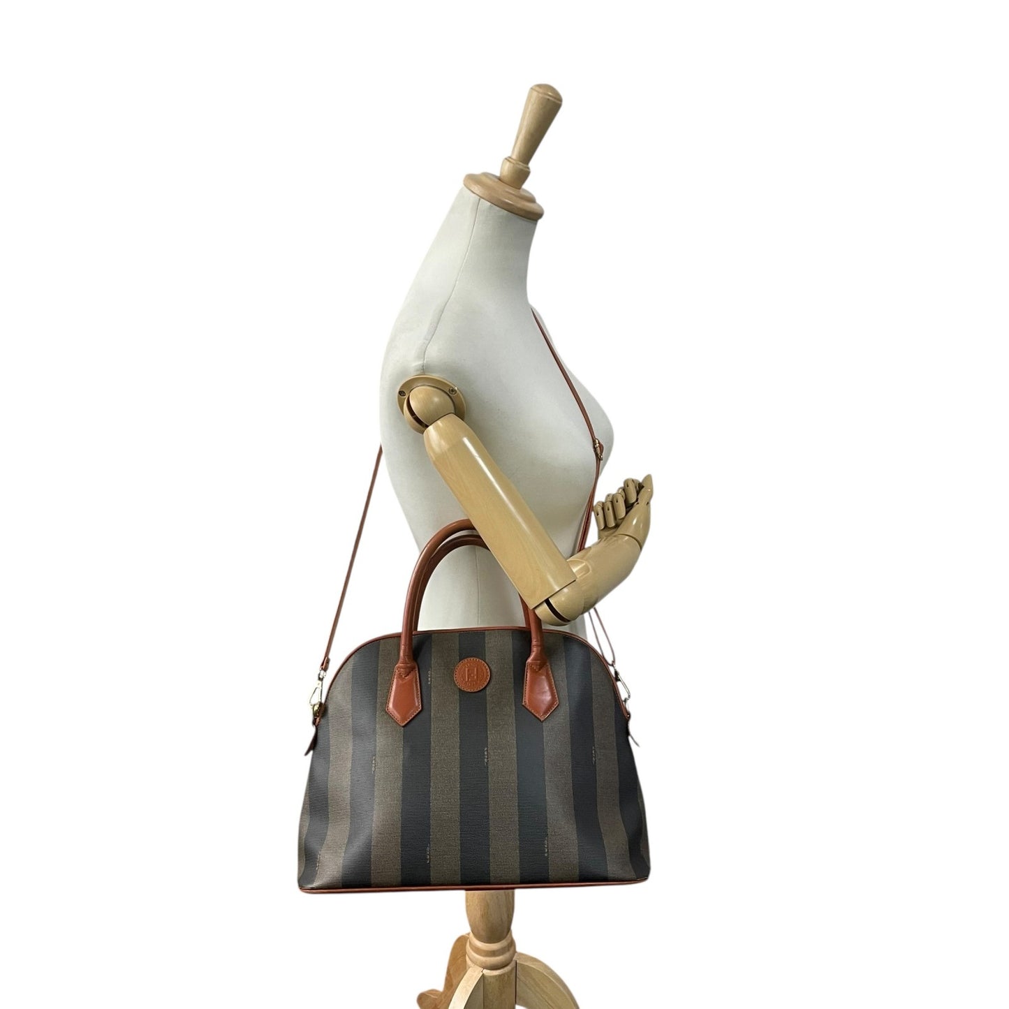 フェンディ FENDI ペカン柄 ボストンバッグ PVC レザー 茶色 カーキ ブラウン ストライプ ハンドバッグ ヴィンテージ B