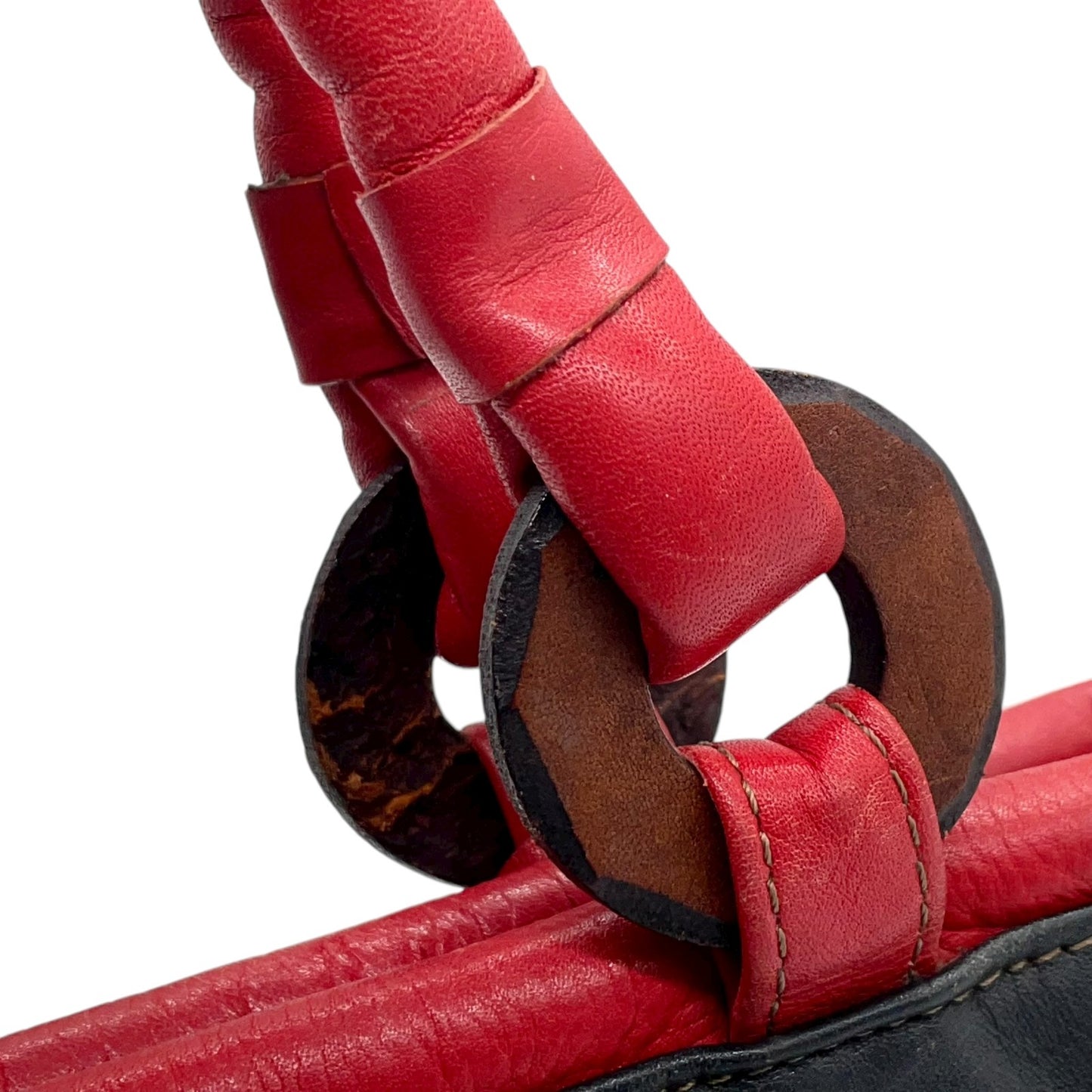 イビザ IBIZA レザーハンドバッグ バイカラー レッド×ブラック 赤 黒 木製リングデザイン レディース S68