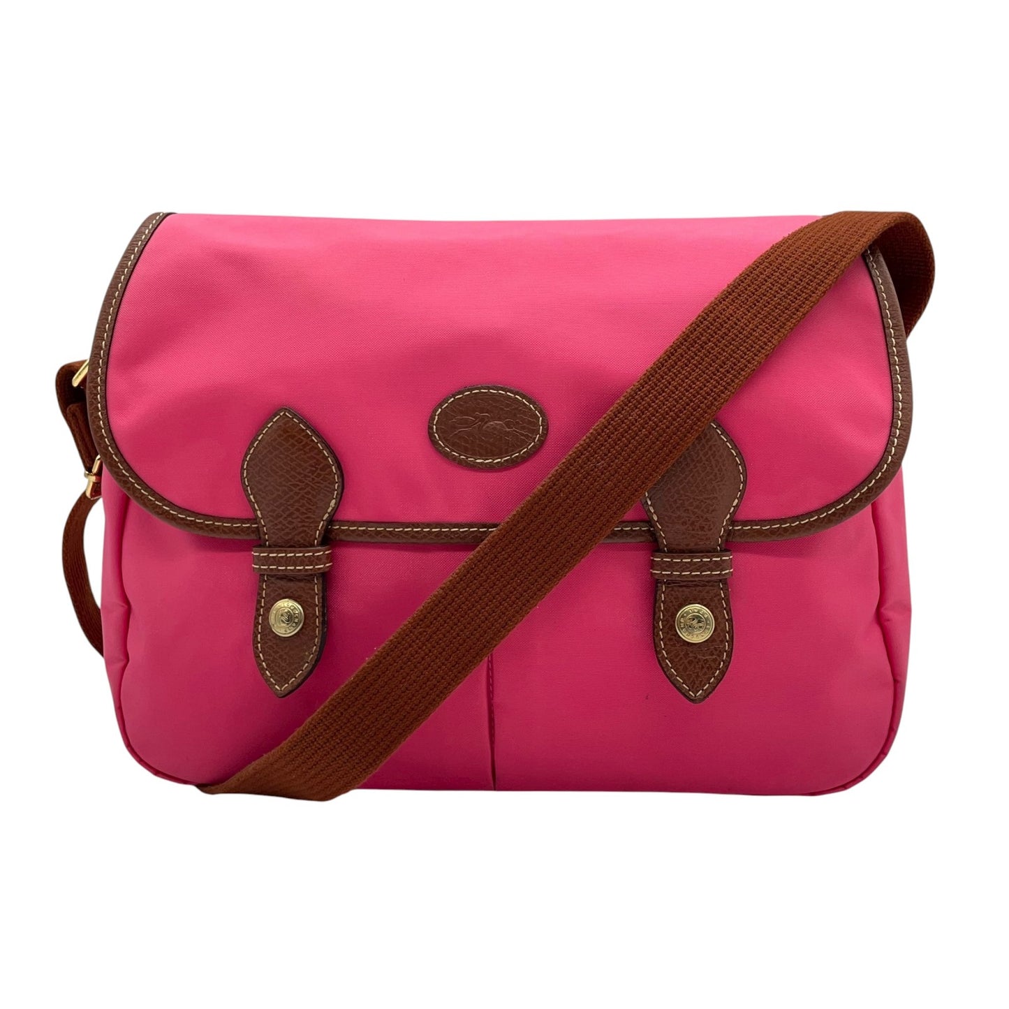 ロンシャン LONGCHAMP ナイロン ショルダーバッグ ピンク ブラウン 茶色 レザー ツインポケット メッセンジャーバッグ ゴールド金具 レディース U2