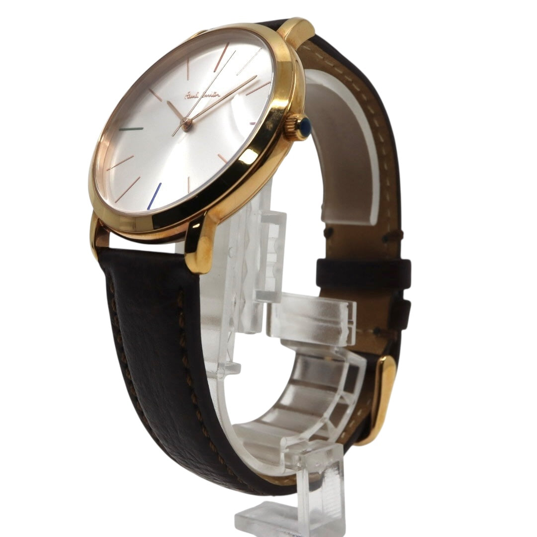 【美品】ポールスミス 腕時計 The City Slim 1005 メンズ クオーツ アナログ シルバーダイヤル ブラウンレザーベルト ゴールドケース シンプル クラシック ビジネス ドレスウォッチ エレガント 薄型 クリーニング済み G2