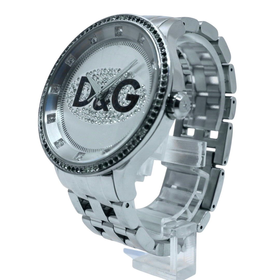 【電池交換済】D&G ドルチェ＆ガッバーナ 腕時計 ラインストーン D&Gロゴ メンズ レディース ユニセックス クオーツ アナログ シルバー ブレスレットウォッチ ドレスウォッチ ゴージャス エレガント ラグジュアリー クリーニング済み G2