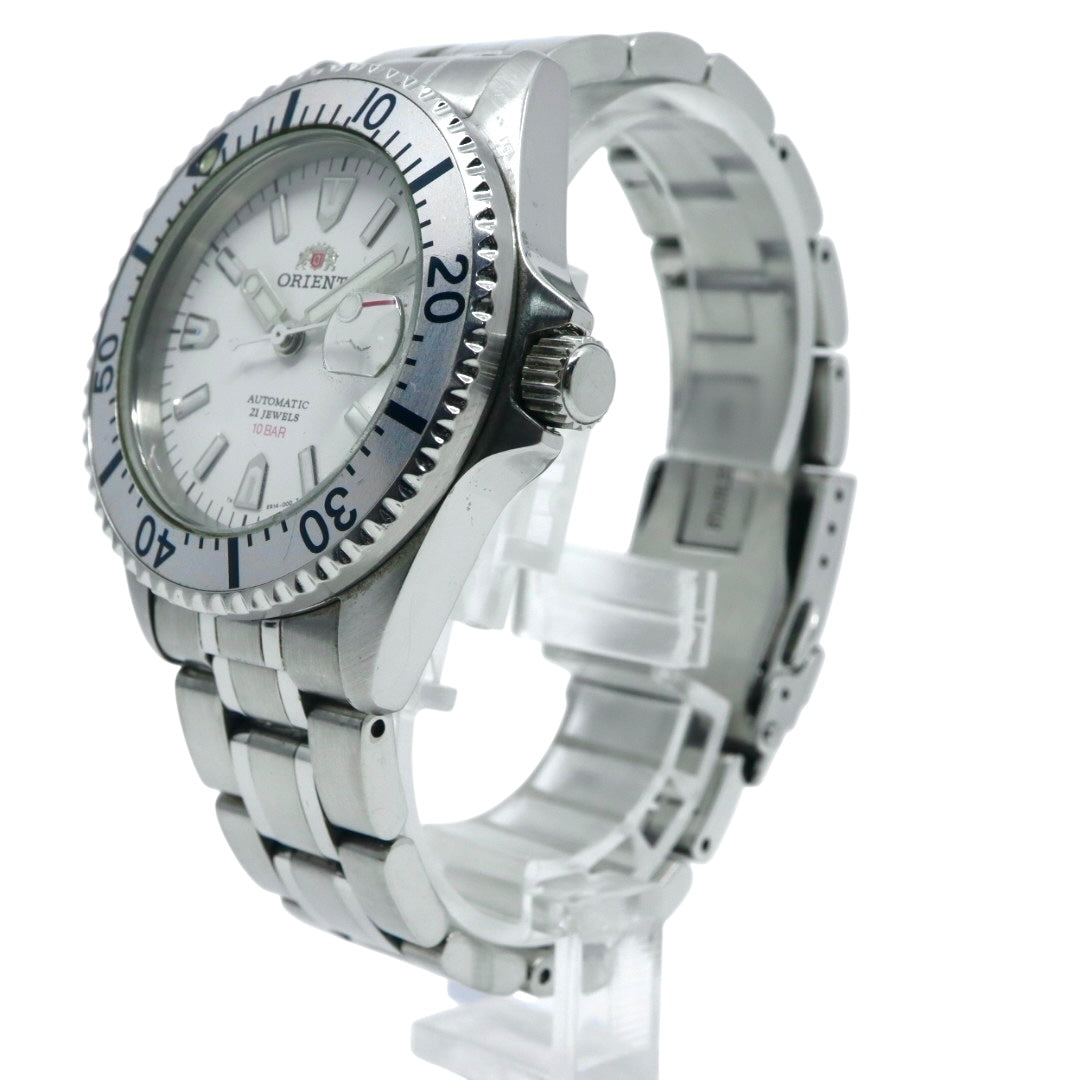【美品】 orient オリエント キングマスター 腕時計 ER14-C2 自動巻き 21石 ダイバーズデザイン 10気圧防水 メンズ アナログ ホワイトダイヤル シルバー 回転ベゼル スポーツウォッチ ステンレス G2