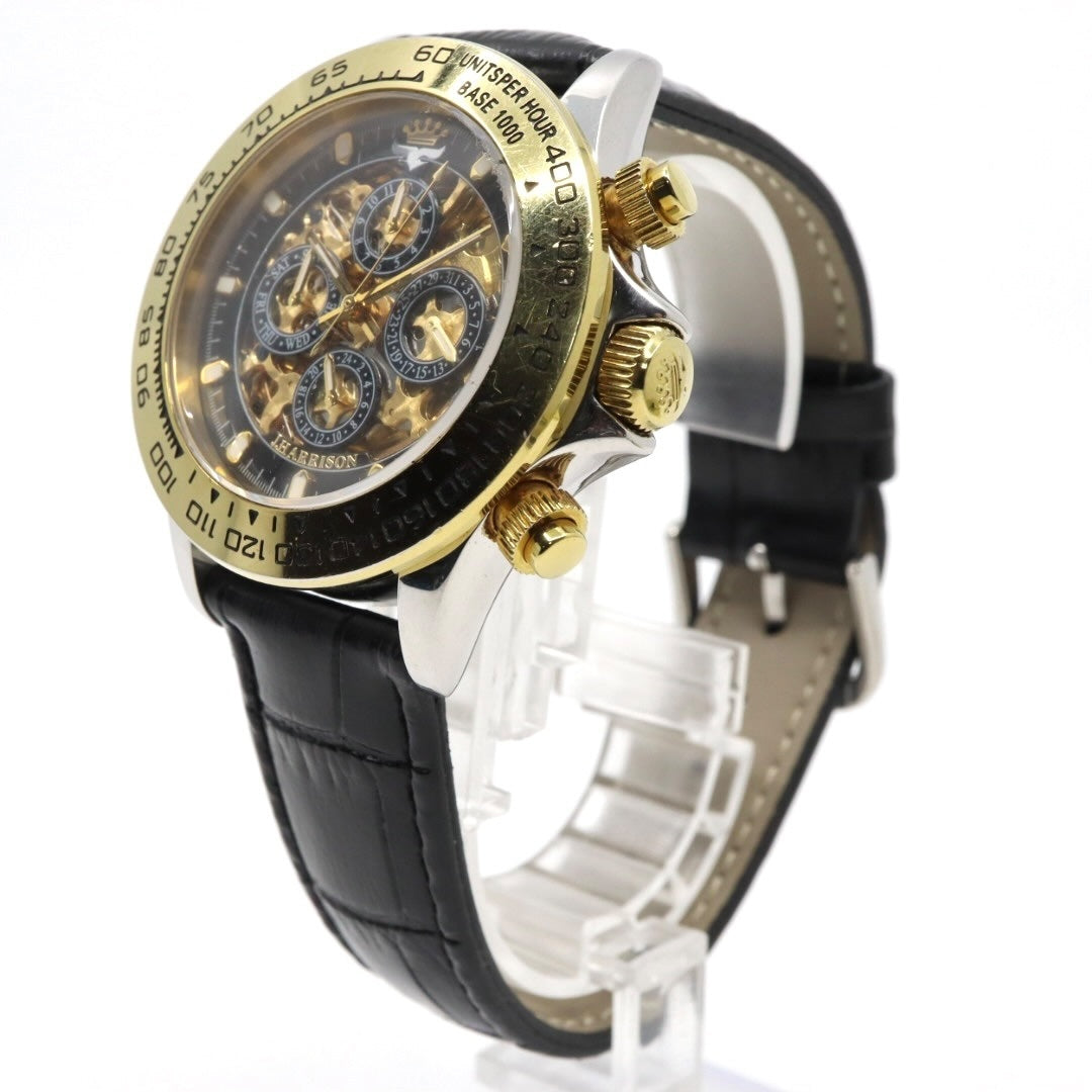 【極美品】ジョン・ハリソン J.Harrison 腕時計 JH-003C スケルトン 自動巻き ゴールド ブラック メンズ レザーベルト アナログ タキメーターベゼル シースルーバック クラシック ゴージャスデザイン G2