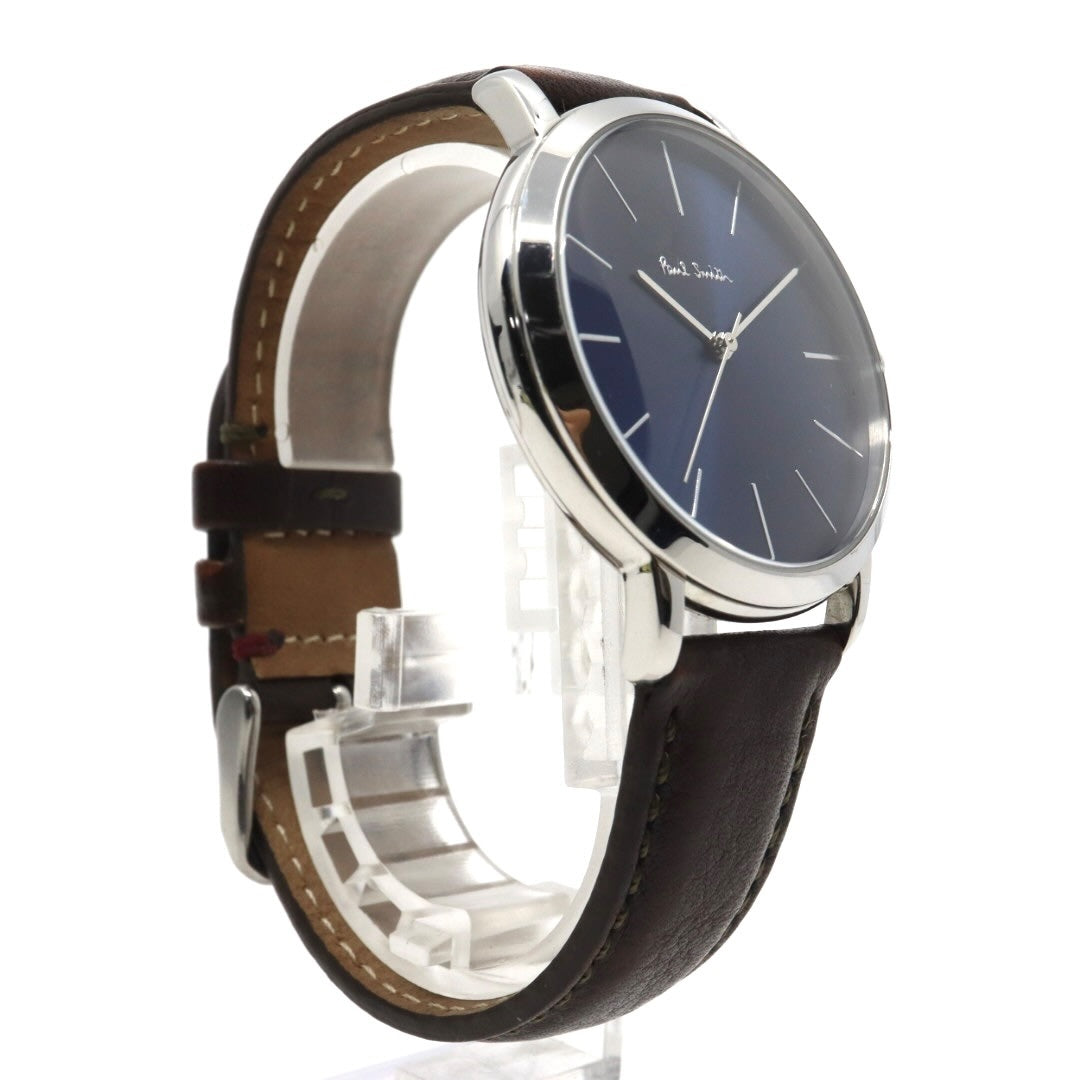 美品 【電池交換済】ポールスミス Paul Smith 腕時計 The City 1009 メンズ クオーツ アナログ ブルーダイヤル ブラウンレザーベルト シルバーケース シンプル クラシック ビジネス ドレスウォッチ エレガント クリーニング済み G2