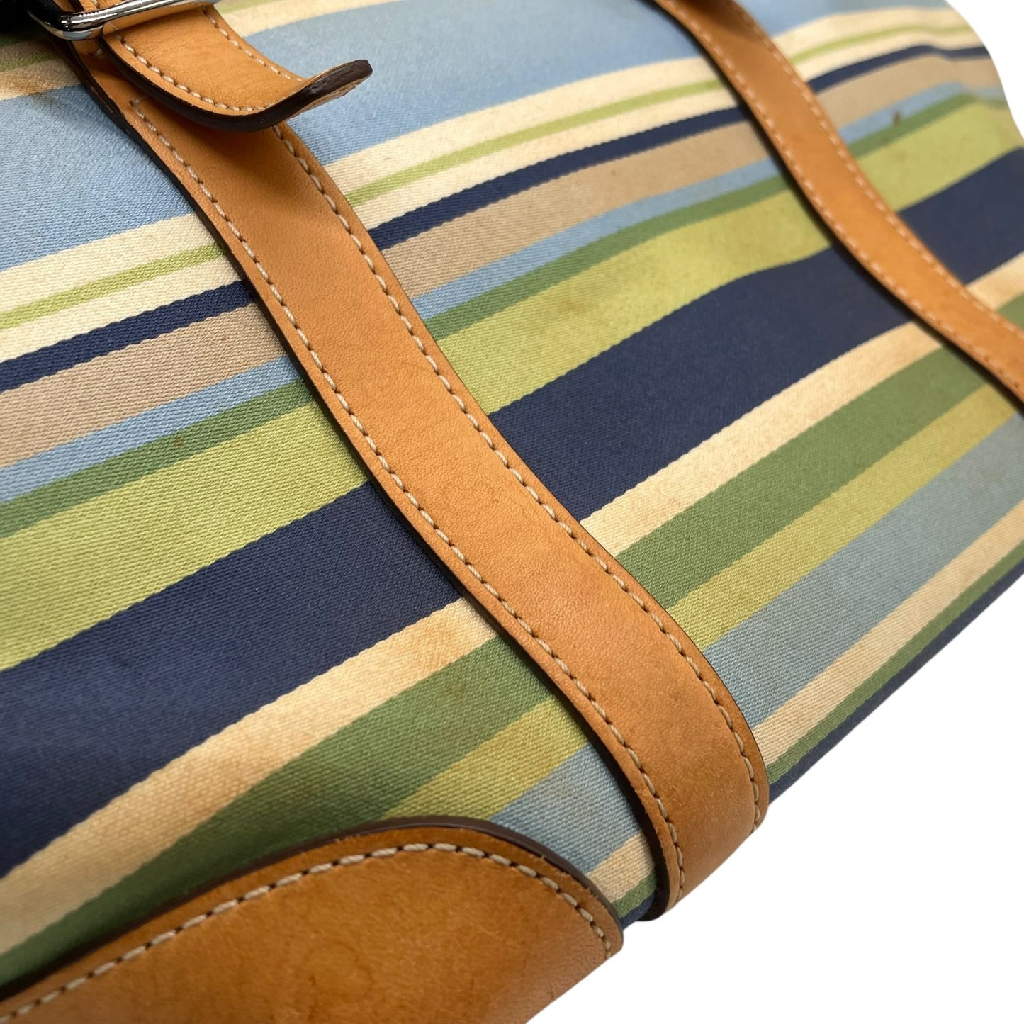 コーチ COACH ハンドバッグ ミニトート マルチストライプ ボーダー キャンバス レザー ロゴチャーム ファスナー開閉 ネイビー ブルー グリーン マルチカラー シルバー金具 手提げ レディース T1