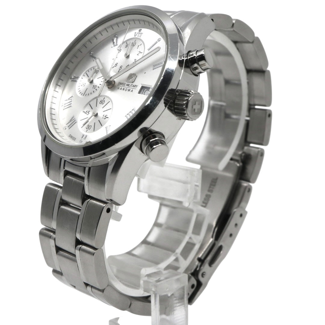 【電池交換済】スイスミリタリー ハノワ 腕時計 06-5219 クロノグラフ メンズ クオーツ シルバー文字盤 デイト表示 アナログ ローマンインデックス ビジネス カジュアル スポーツ エレガント スイス製 クリーニング済み G3