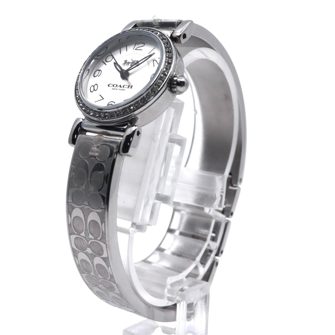 美品 電池交換済 コーチ COACH 腕時計 CA.66.7.95.1489S レディースウォッチ クォーツ ラインストーンベゼル シルバー ホワイト文字盤 シグネチャー柄ブレスレット アナログ エレガント クラシック ドレスウォッチ 稼働品 G3