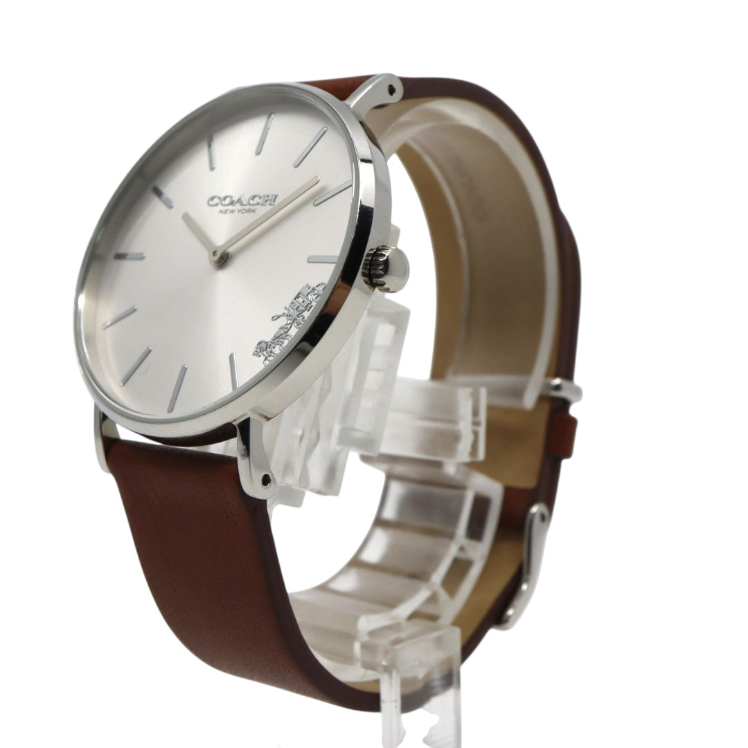 未使用級 美品 電池交換済 コーチ COACH ペリー PERRY 腕時計 CA.120.7.14.1596 レディースウォッチ クォーツ シルバー文字盤 ブラウン レザーベルト アナログ シンプル エレガント クラシック ビジネス 普段使い 稼働品 G3