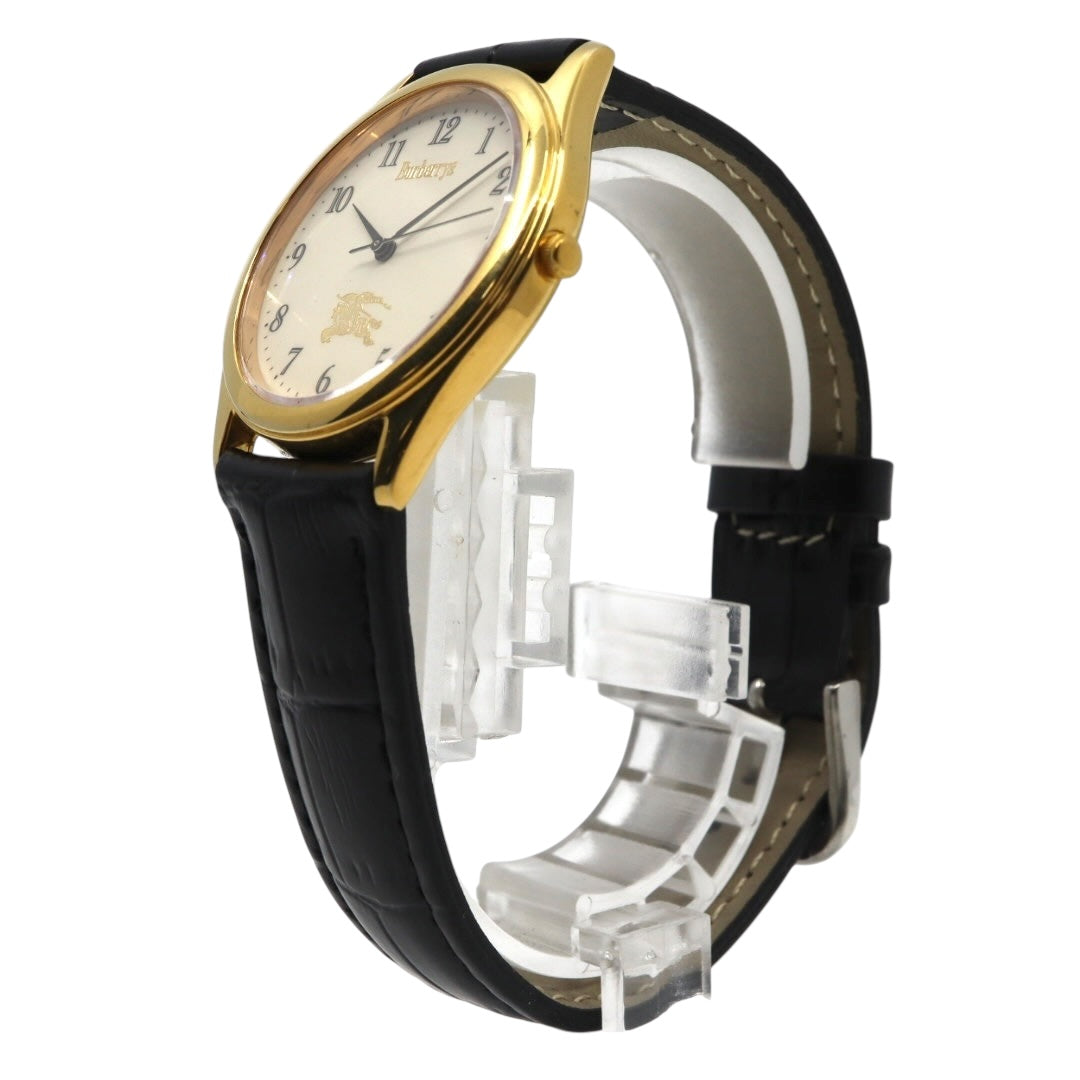 【美品 電池交換済 新品ベルト】バーバリー Burberrys 腕時計 4631-E66076 TA メンズウォッチ クォーツ ゴールドケース アイボリー文字盤 ブラックレザー アナログ クラシック ビンテージ ドレスウォッチ エレガント 稼働品 G3