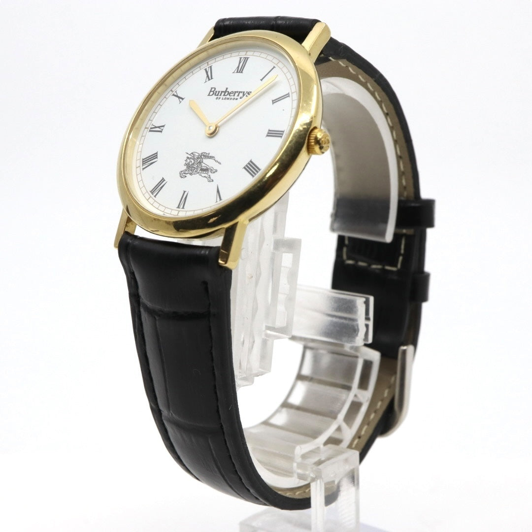 美品 電池交換済 新品ベルト バーバリー Burberrys 6000G 腕時計 メンズウォッチ クォーツ ゴールド ホワイト文字盤 ローマンインデックス ホースロゴ クラシック ヴィンテージ エレガント ドレスウォッチ 稼働品 G3