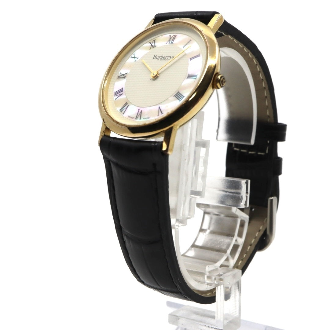 美品 電池交換済 新品ベルト バーバリー Burberrys 6000G 腕時計 メンズウォッチ クォーツ ゴールド シェル文字盤 アイボリー ローマンインデックス クラシック ヴィンテージ エレガント ドレスウォッチ 稼働品 G3