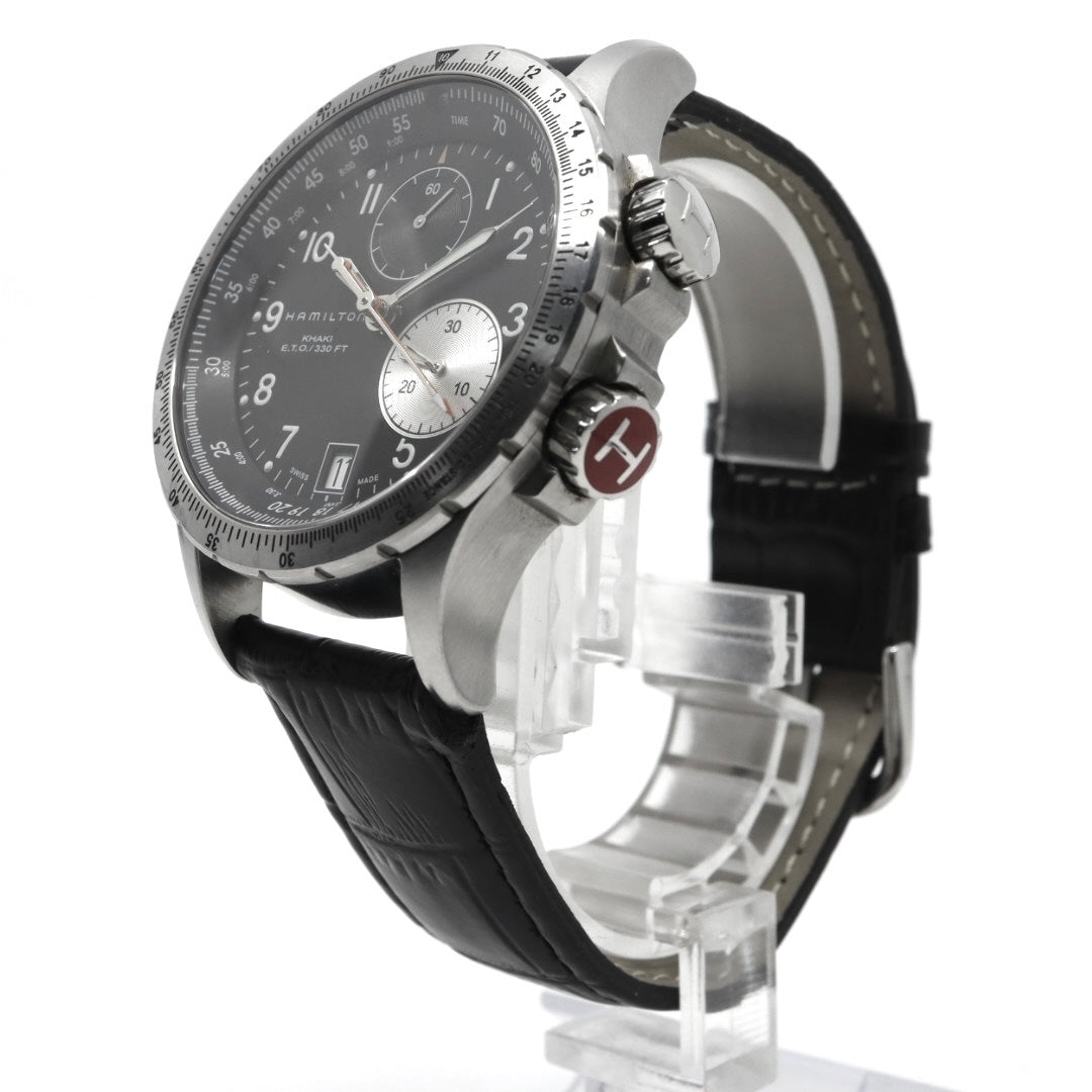 極美品 電池交換済 ハミルトン HAMILTON Estimate Time Over　カーキ E.T.O. H776120 腕時計 メンズ クロノグラフ クォーツ 黒文字盤 レザー アナログ アビエーション パイロットウォッチ スイス製 G3