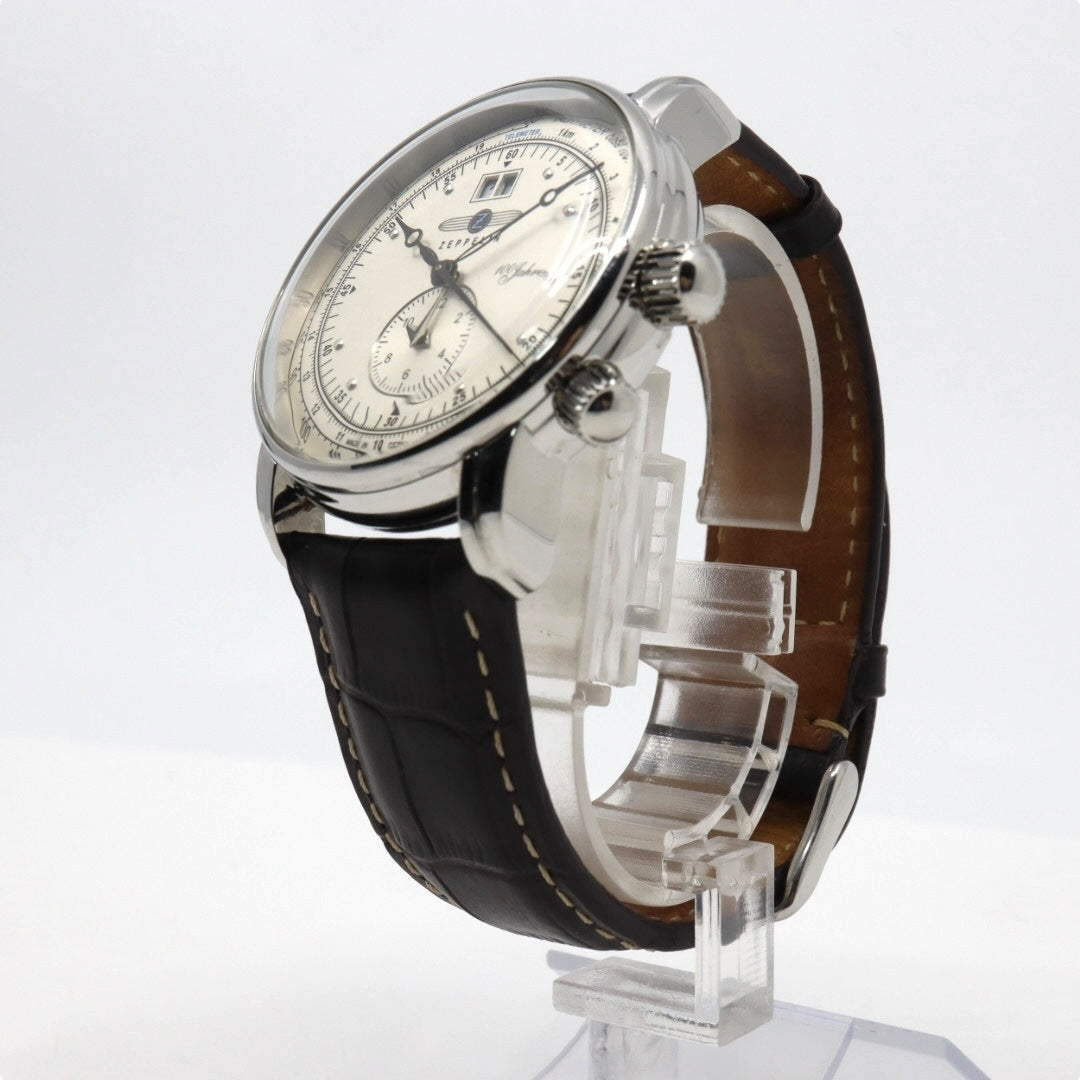 【極美品/電池交換済】 ZEPPELIN ツェッペリン 100周年記念モデル 7640-1 腕時計 メンズ クロノグラフ ビッグデイト アイボリー文字盤 ブラウンレザー ドイツ製 パイロットウォッチ クラシック エレガント アナログ クォーツ 稼働品 G2