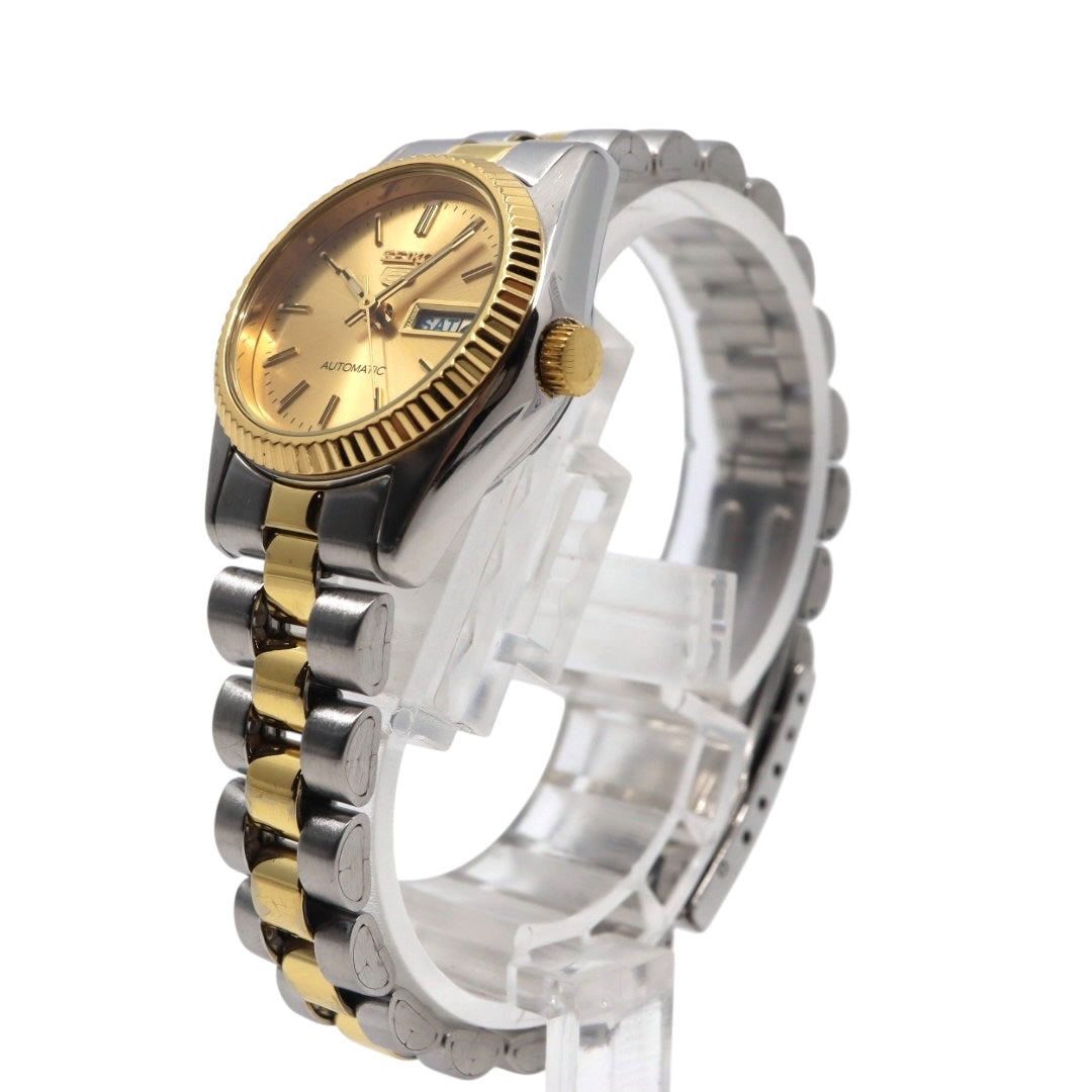 【未使用級/美品/稼働品】セイコー SEIKO 5 レディース腕時計 4206-0510 自動巻き オートマチック デイデイト ゴールド文字盤 コンビブレス フルテッドベゼル アナログ クラシック ビンテージ エレガント クリーニング済 G2