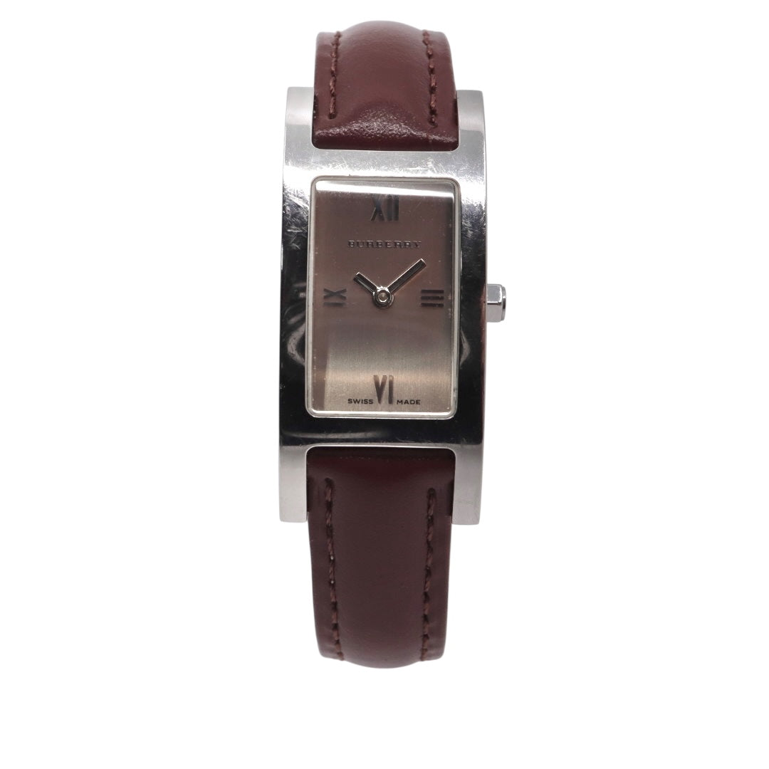 【美品／電池交換済／新品ベルト(社外品)】バーバリー BURBERRY BU1015 レディース腕時計 クオーツ アナログ レクタンギュラー スクエア シルバー ブラウン文字盤 ボルドーレザー クラシック エレガント スイス製 クリーニング済 G2