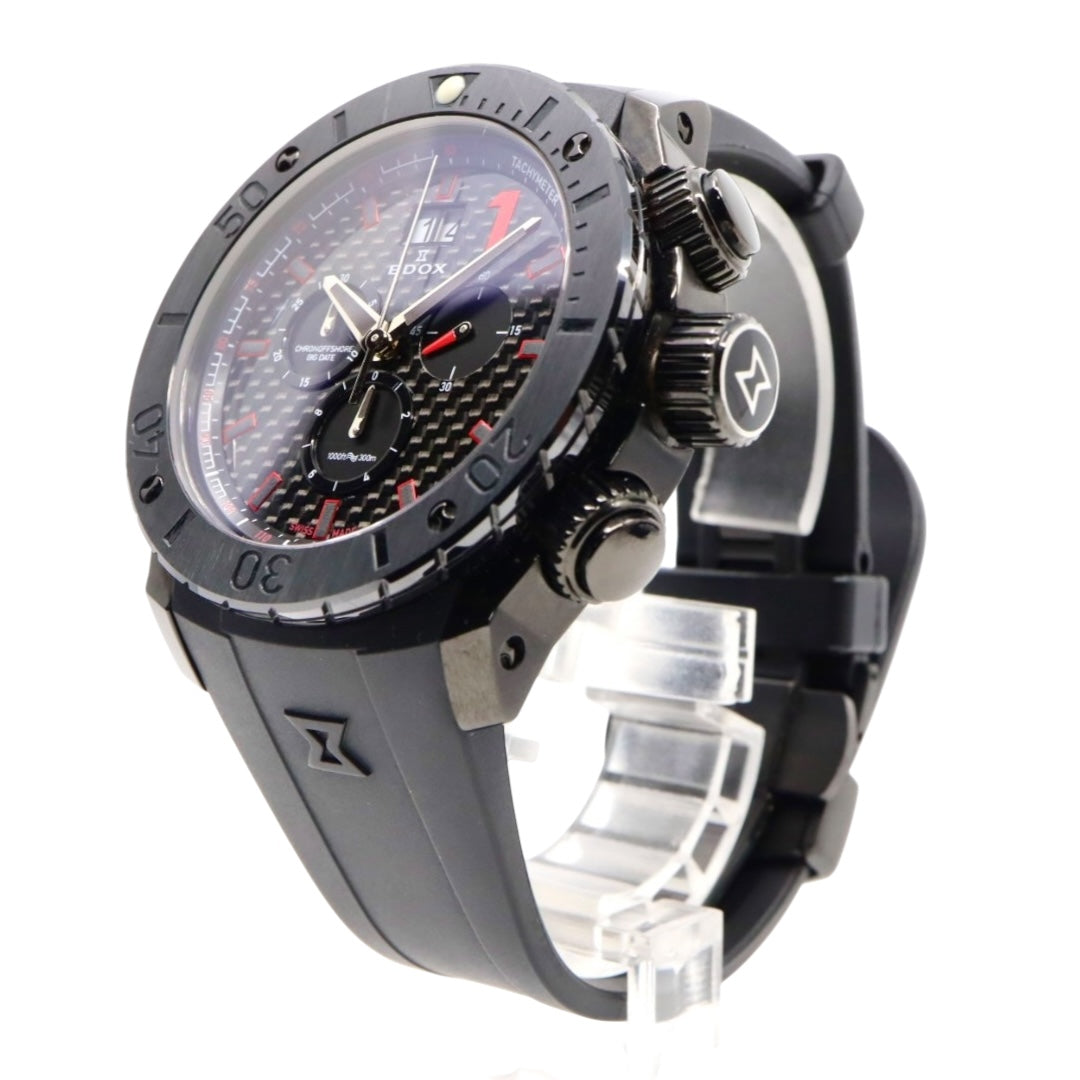 【新品同様/稼働品】エドックス EDOX クロノオフショア1 10020 メンズ腕時計 クオーツ クロノグラフ ビッグデイト カーボンダイヤル ブラック 300m防水 ダイバーズウォッチ パワーボート スイス製 スポーティ エレガント G7