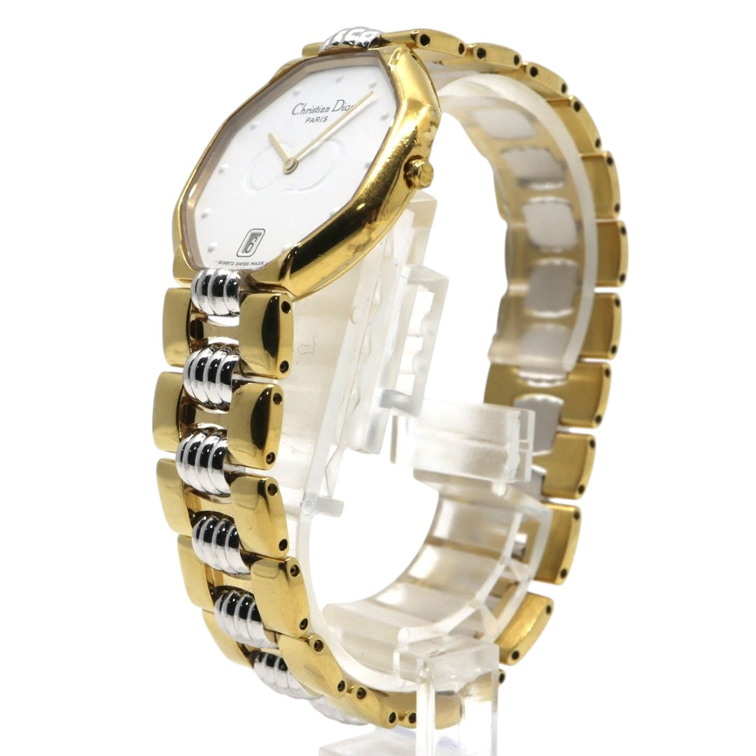 【美品／電池交換済】クリスチャンディオール 腕時計 45.134 レディース クオーツ デイト オクタゴン 八角形 ゴールド ホワイト文字盤 コンビブレス ヴィンテージ クラシック エレガント SWISS MADE クリーニング済 G2