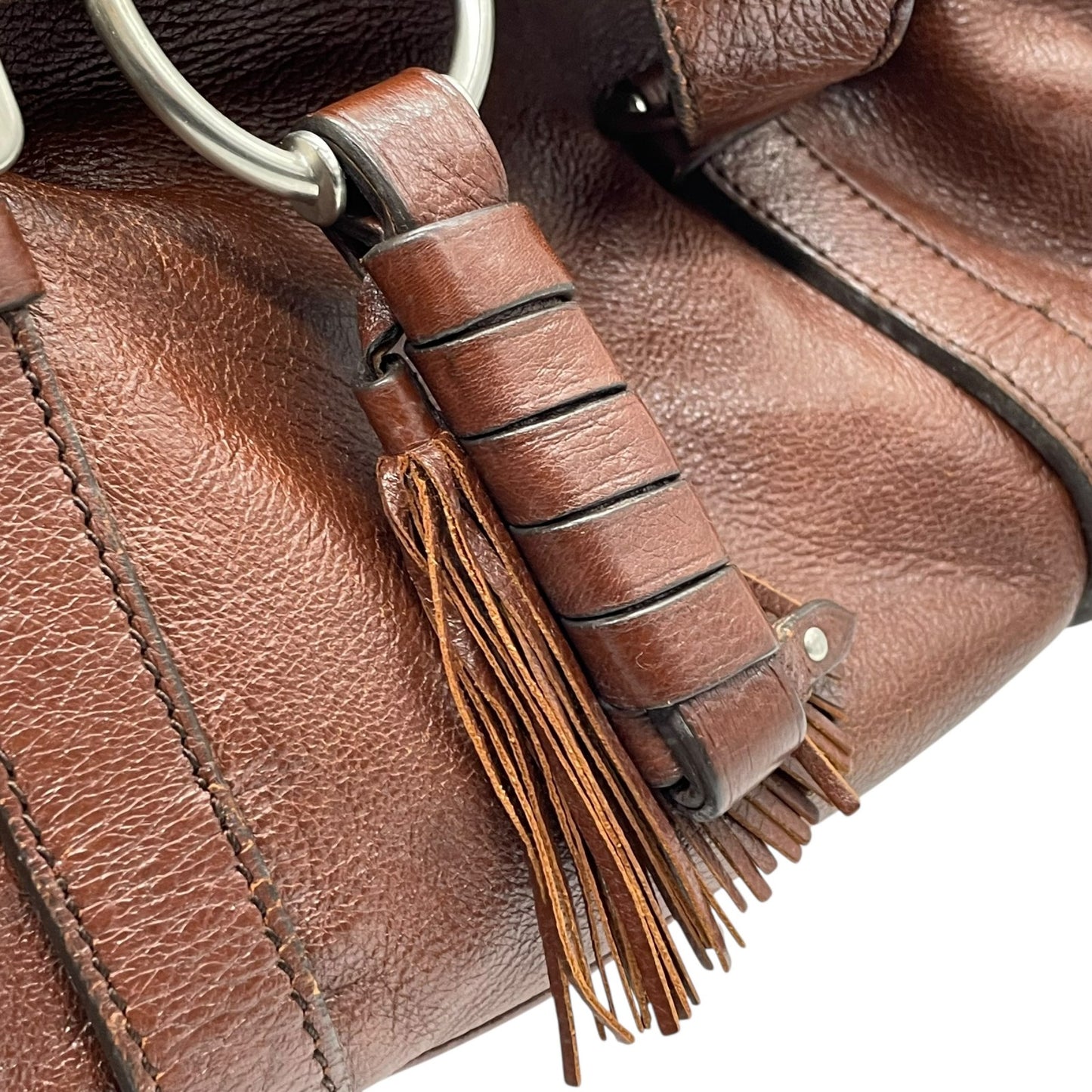 セリーヌ CELINE トートバッグ ハンドバッグ ロングハンドル フラップ 茶色 ダークブラウン レザー タッセル付き シルバー金具 K8