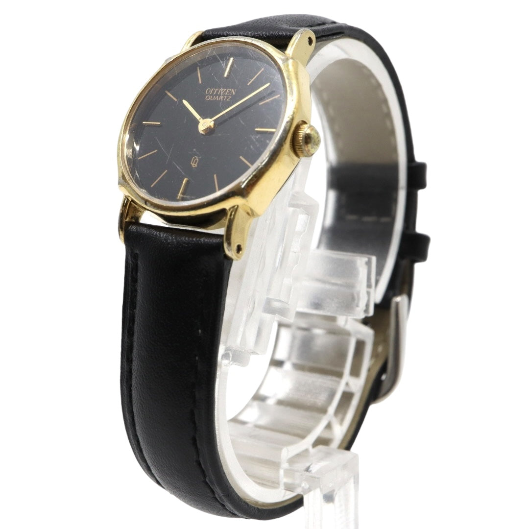 citizen シチズン クオーツ 腕時計 4-102321Y ゴールド ブラック文字盤 ラウンドケース レザーベルト レディース ヴィンテージ