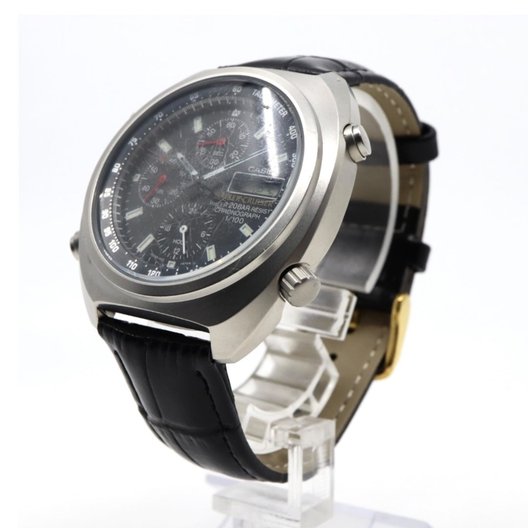 【稼働品】カシオ ティンバークルーザー TIC-100 腕時計 メンズ アナデジ クロノグラフ 20気圧防水 クオーツ ステンレス レザーベルト ブラック 黒文字盤 シルバー ヴィンテージ 希少 レトロ アウトドア G9