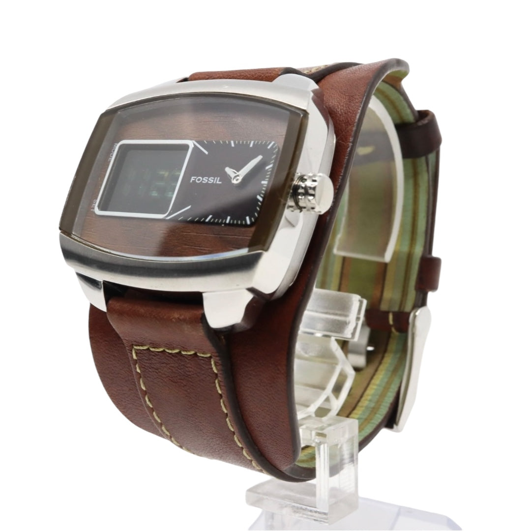 【美品/稼働品】フォッシル 腕時計 JR-9633 アナデジ ウッド調文字盤 カフレザー ワイドベルト ブラウン シルバー メンズ クオーツ ヴィンテージ レトロ 個性的 デザインウォッチ ストリート カジュアル G9