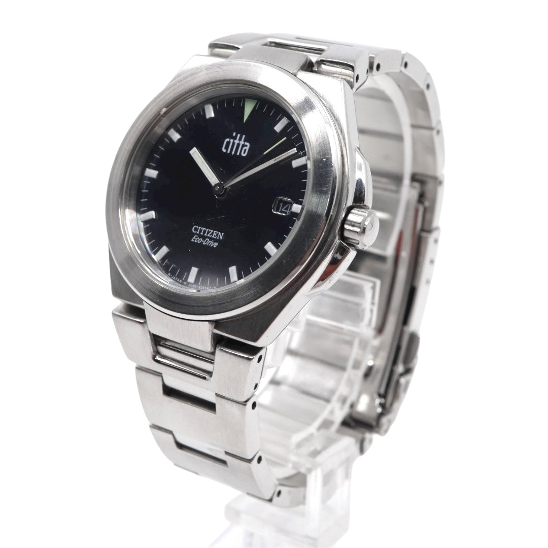 【美品/稼働品】シチズン チッタ Citta エコドライブ 腕時計 A160-H15696 メンズ ソーラー デイト ブラック文字盤 シルバー ステンレス ビジネス カジュアル シンプル ファッション ウォッチ G10 citizen