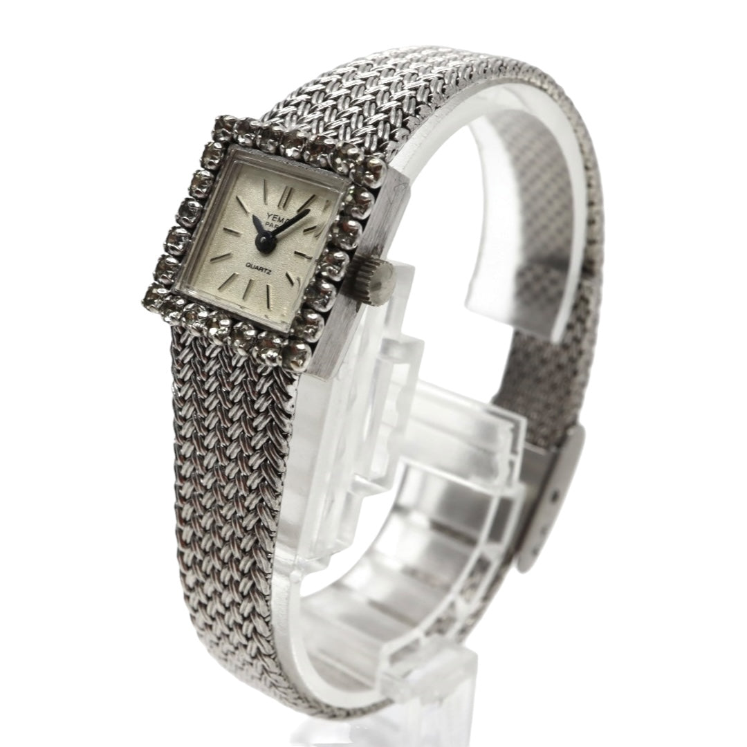 【美品/電池交換済】イエマ YEMA 腕時計 P7307 レディース スクエア ラインストーンベゼル クオーツ シルバー メッシュベルト ブレスレット ジュエリーウォッチ ドレスウォッチ アンティーク ビンテージ クラシック エレガント G10