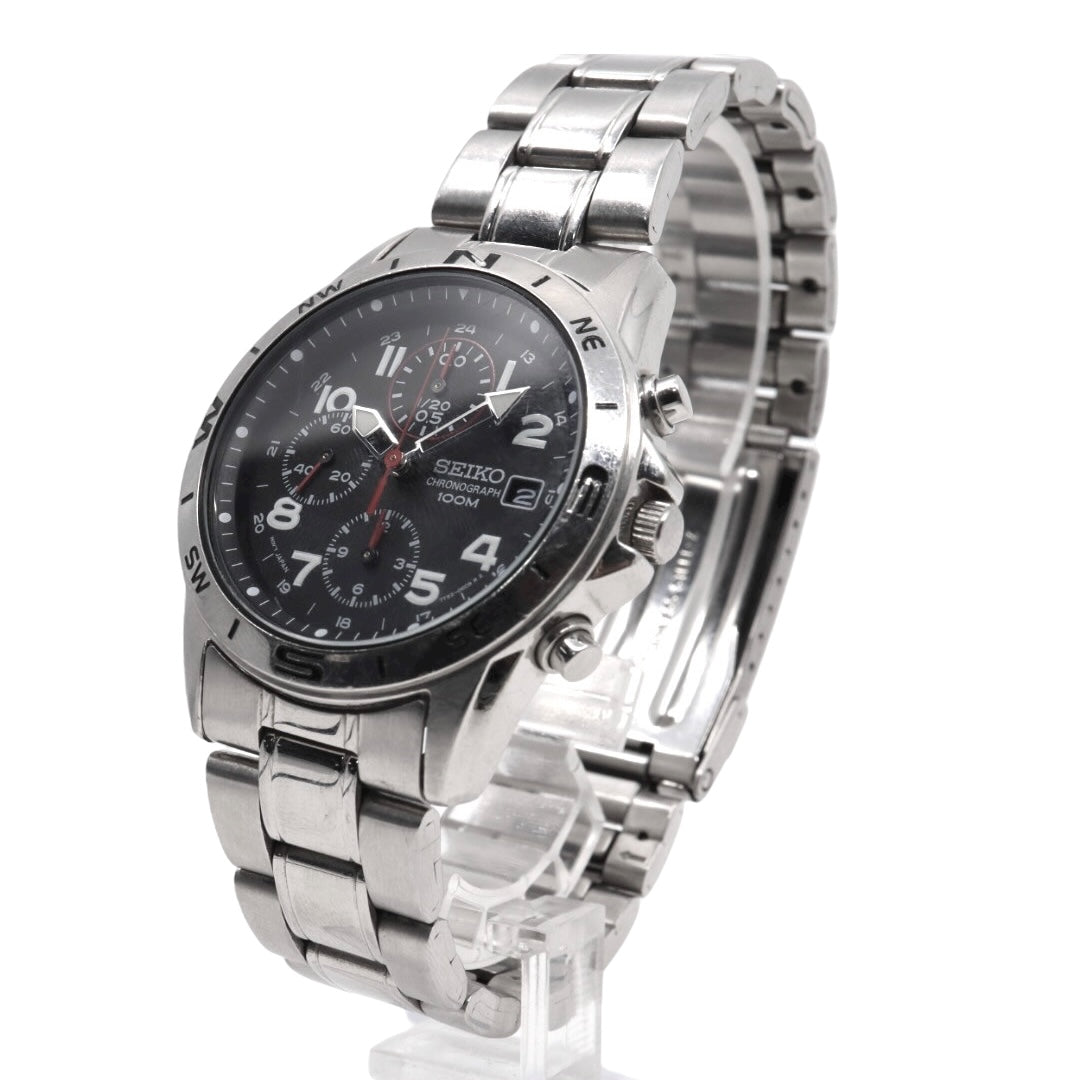 【美品/電池交換済】セイコー クロノグラフ 7T92-0DX0 腕時計 メンズ 100M防水 クオーツ ステンレス ブラック文字盤 シルバー アナログ デイト表示 方位計 スポーツウォッチ ビジネス カジュアル ファッション G10