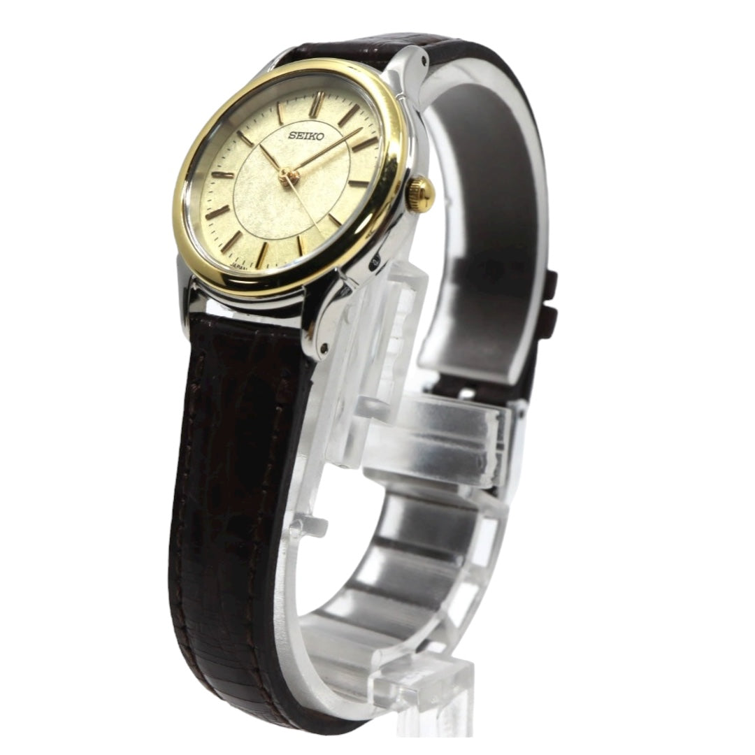 SEIKO セイコー 7N01-6881 ゴールドトーン ベゼル テクスチャー文字盤 クォーツ レディース ステンレス レザーベルト 上品 エレガント ウォッチ G11