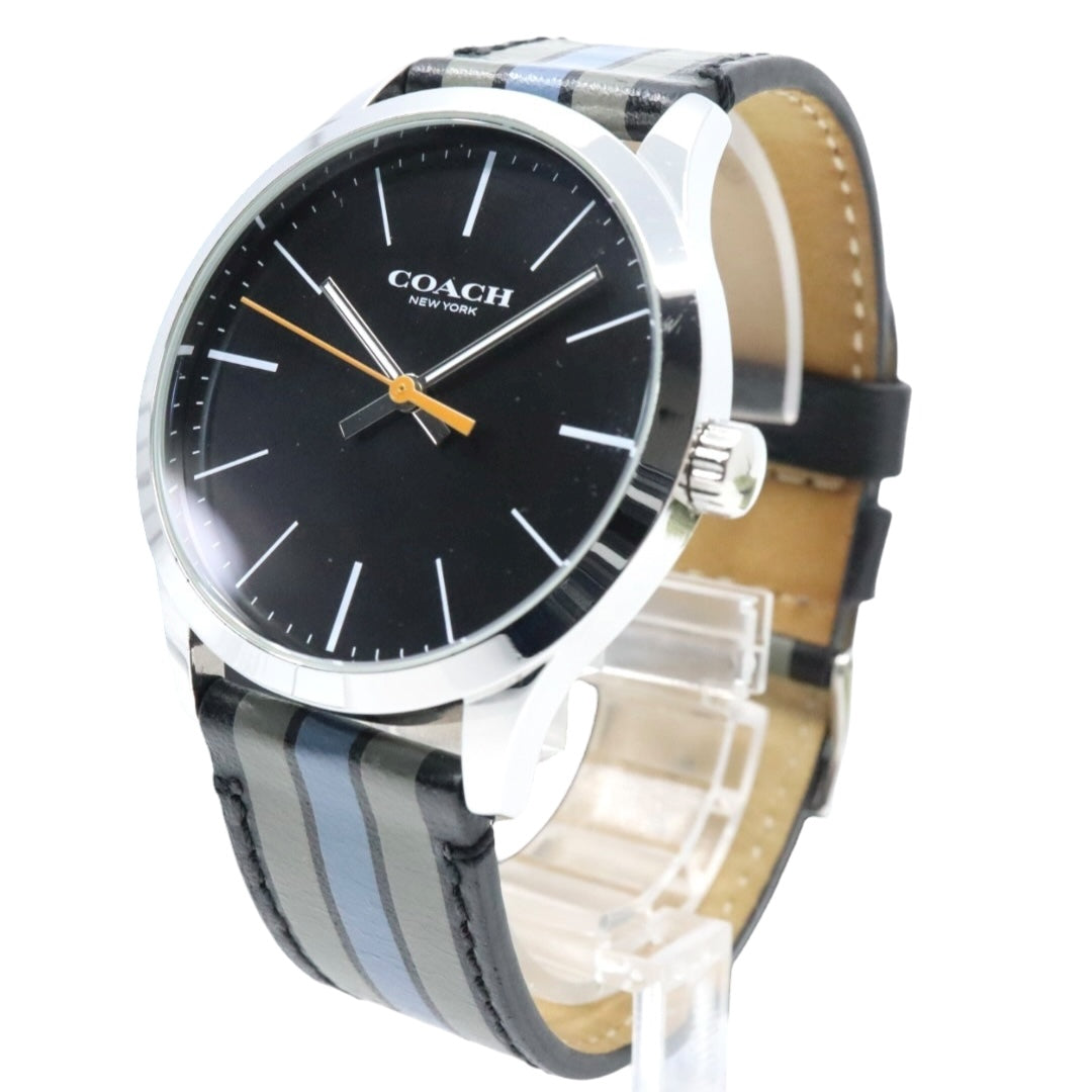 【美品】コーチ COACH 腕時計 メンズ チャールズ Charles ブラック シルバー マルチカラー ストライプ レザー CA.118.2.112.1537 クォーツ アナログ 3針 ビジネス カジュアル シンプル 個性的 希少 ビッグフェイス G11