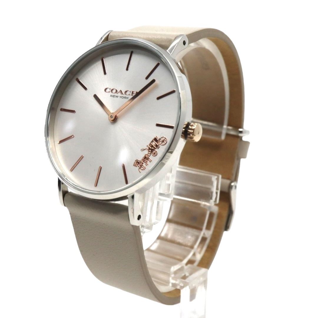 【未使用級】コーチ COACH 腕時計 レディース ペリー Perry シルバー グレージュ レザー CA.120.7.1594 クォーツ アナログ 2針 シンプル オフィス ビジネス 通勤 通学 エレガント 上品 クラシック 大人 馬車ロゴ 美品 G11