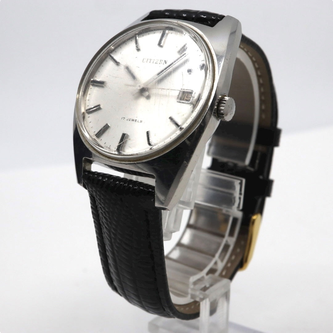 【美品】CITIZEN 手巻き 17JEWELS ヴィンテージ デイト付き メンズ 腕時計 シルバー文字盤 クラシックデザイン シチズン G11