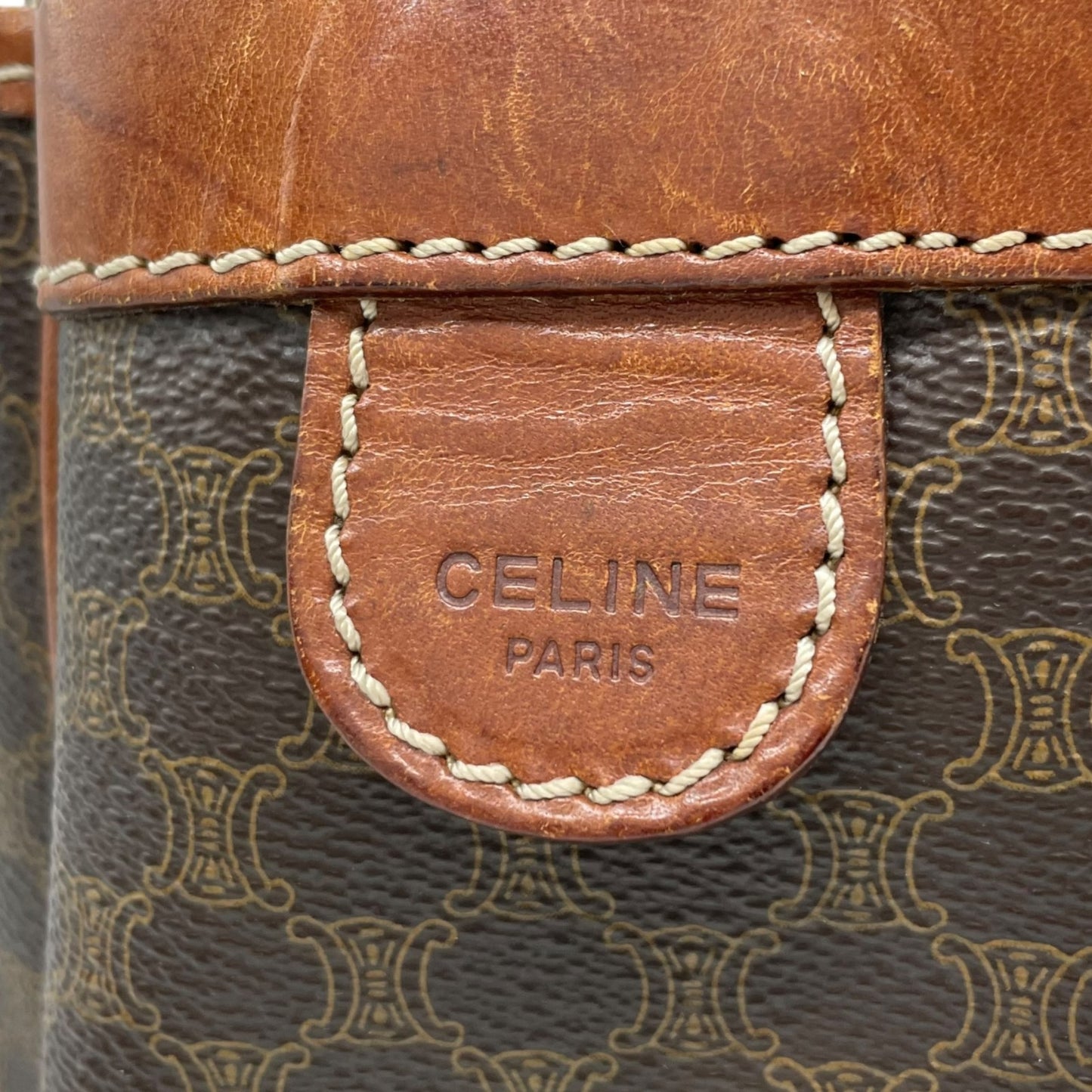 CELINE セリーヌ オールドセリーヌ マカダム柄 ハンドバッグ ショルダーバッグ ワンショルダー 肩掛け PVC レザー 本革 ブラウン 茶色 ゴールド金具 ファスナー開閉 ヴィンテージ K12