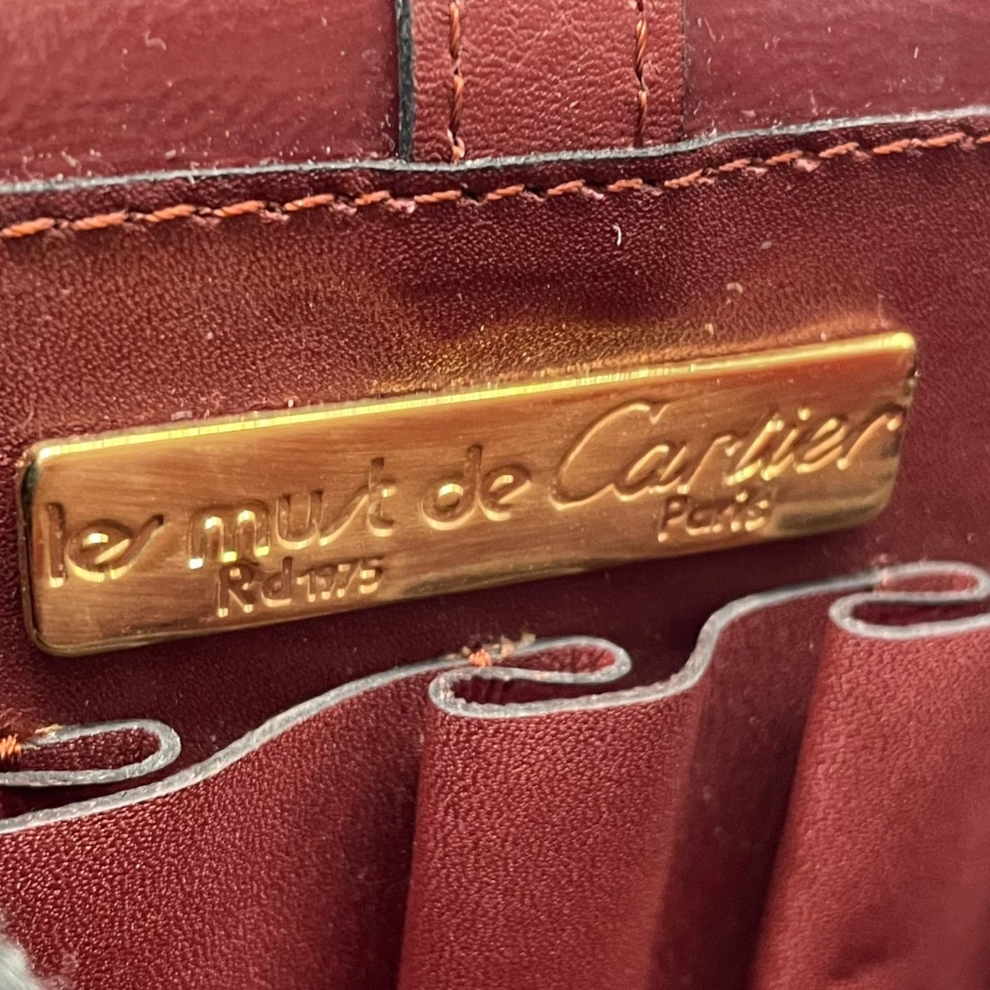 Authentic Cartier Must Line Shoulder Bag Crossbody Burgundy Wine Red Gold Hardware Leather Vintage Women's