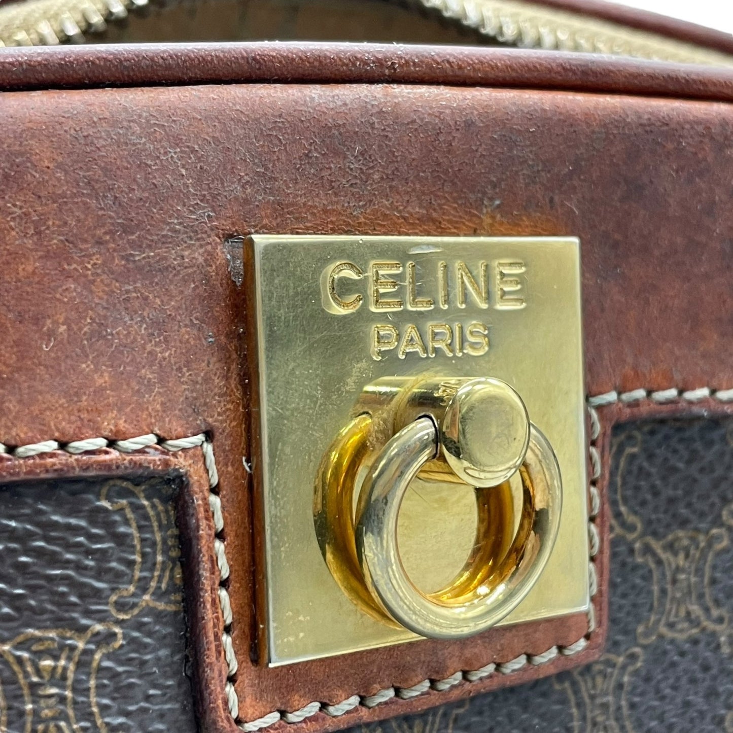 Authentic CELINE Vintage Macadam Shoulder Bag Trionf Camera Bag Brown PVC Leather Gold Hardware Women's Adjustable Strap Crossbody